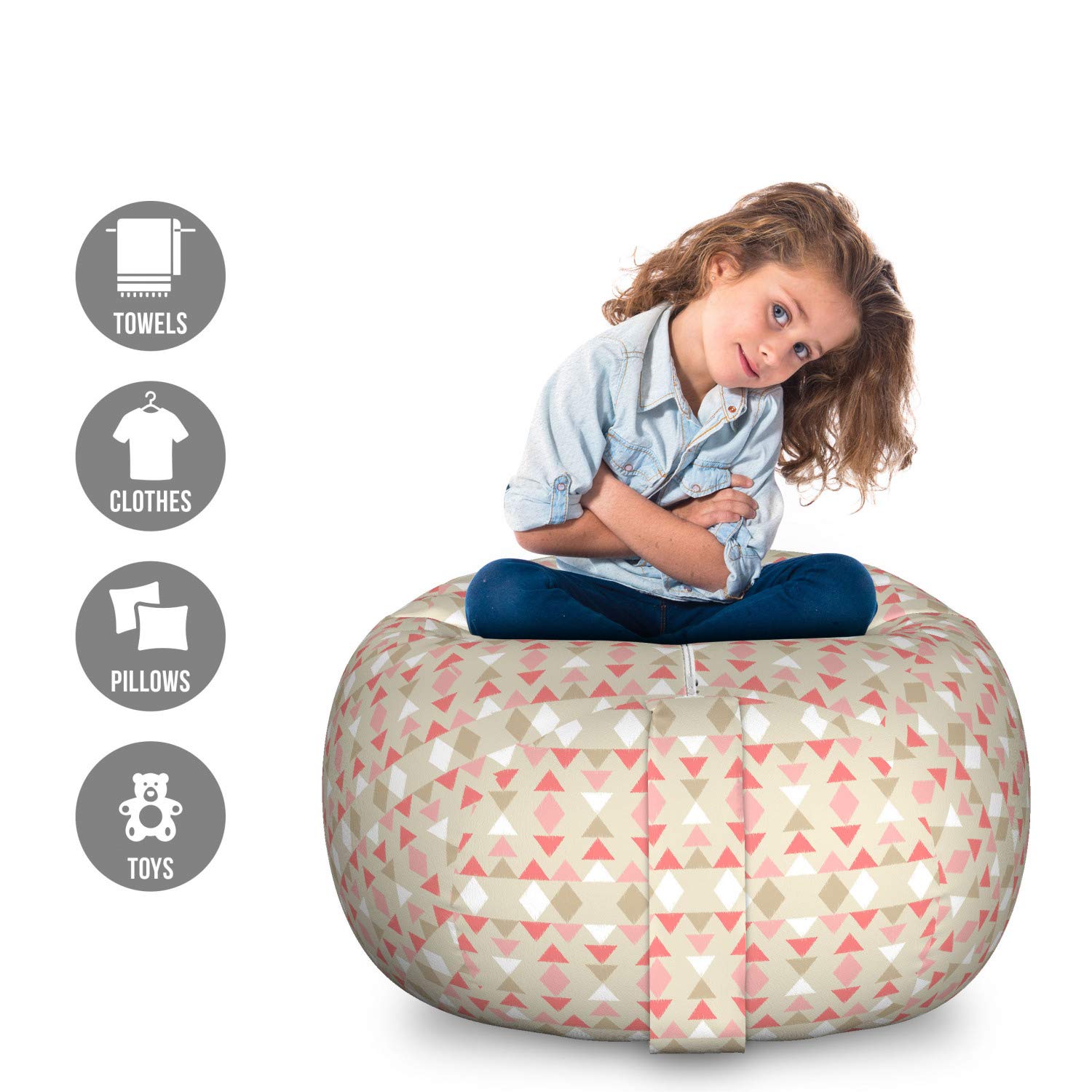 Ambesonne Bohemian Style Ethnic Storage Toy Bag Chair - Large Washable Stuffed Animal Organizer with Triangle & Rhombus Pattern in Grey Yellow Blush - Perfect for Kids' Room, Nursery & Playroom Organization
