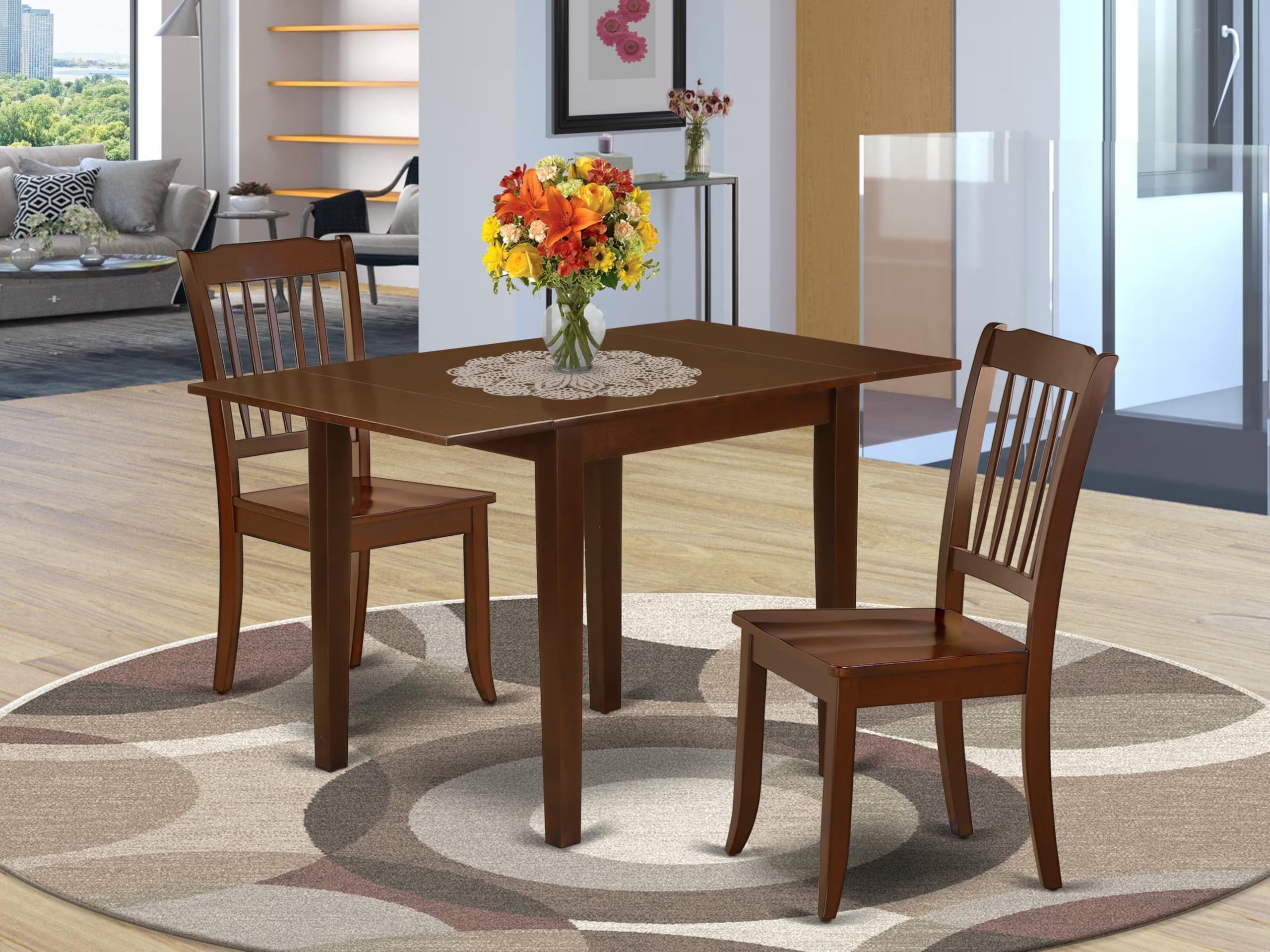 East West Furniture NDDA3-MAH-W 3-Piece Mahogany Kitchen Table Set with Drop Leaf & 2 Chairs, 30x48 Inch Rectangle Dining Table for Small Spaces, Breakfast Nooks & Compact Apartments