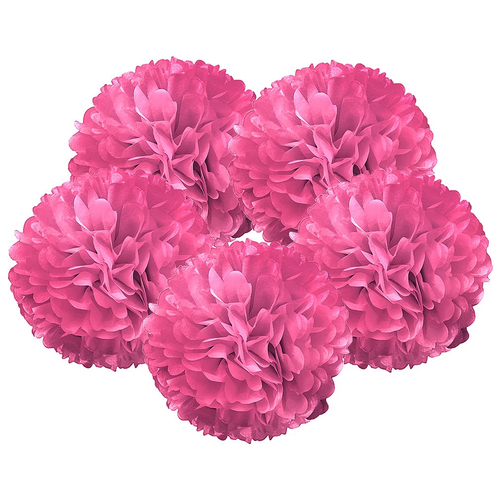 WIRESTER 5-Pack 6-Inch Fuchsia Tissue Paper Flower Pom Poms - Wedding, Party, Birthday & Baby Shower Decorations - Perfect for Ceiling Decor, Photo Backdrops & Table Centerpieces