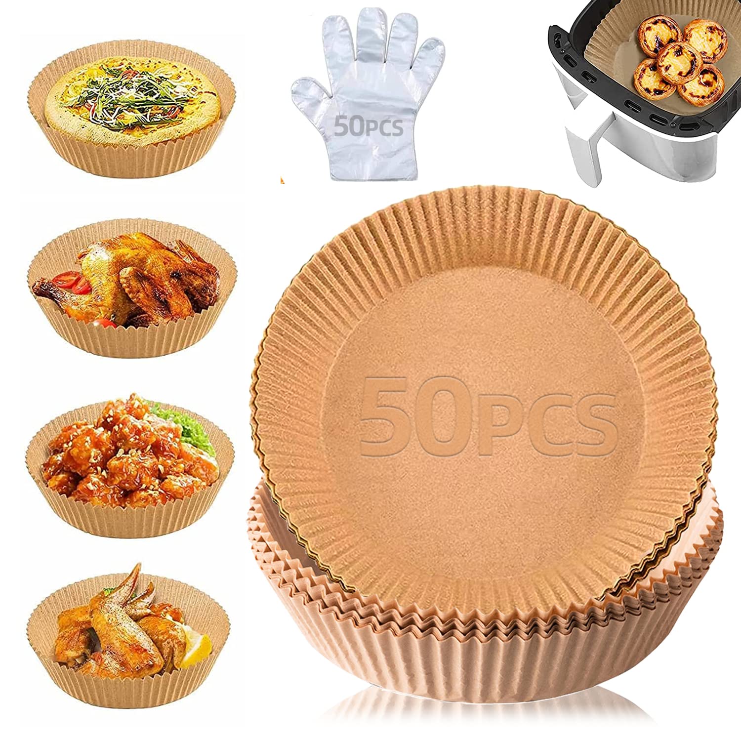 50PCS Non-Stick Air Fryer Paper Liners - 6.3 Inch Round Parchment Cooking Sheets with Free Disposable Gloves | Oil Proof & Waterproof | Perfect for Air Fryers, Microwave Ovens & Frying Pans | Easy Cleanup for Healthy Cooking