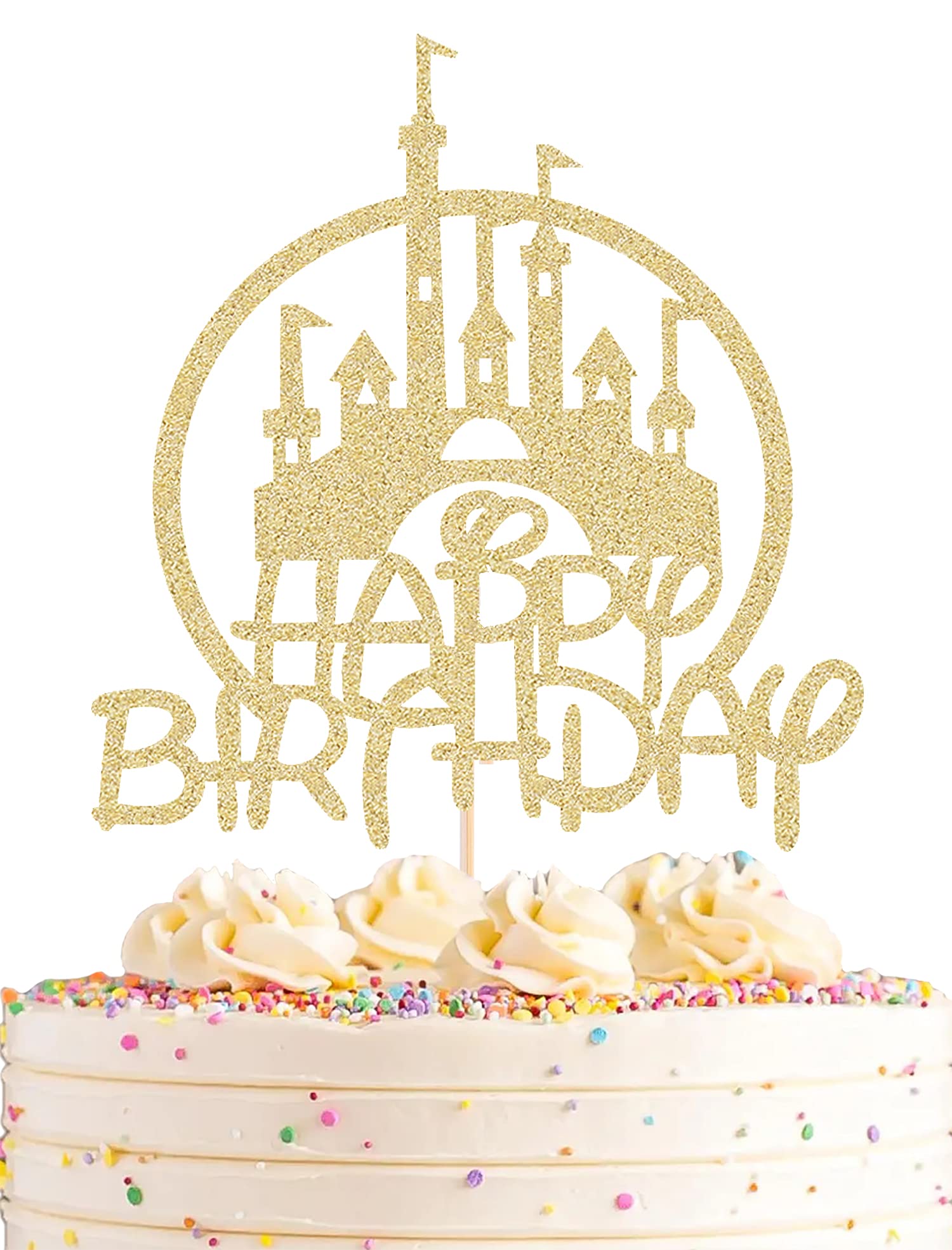 Gold Glitter Castle Cake Topper for Birthday Party Decorations - Princess & Prince Theme Happy Birthday Cake Decor - Perfect for Kids Birthday Cakes, Photo Props, and Fairy Tale Themed Parties