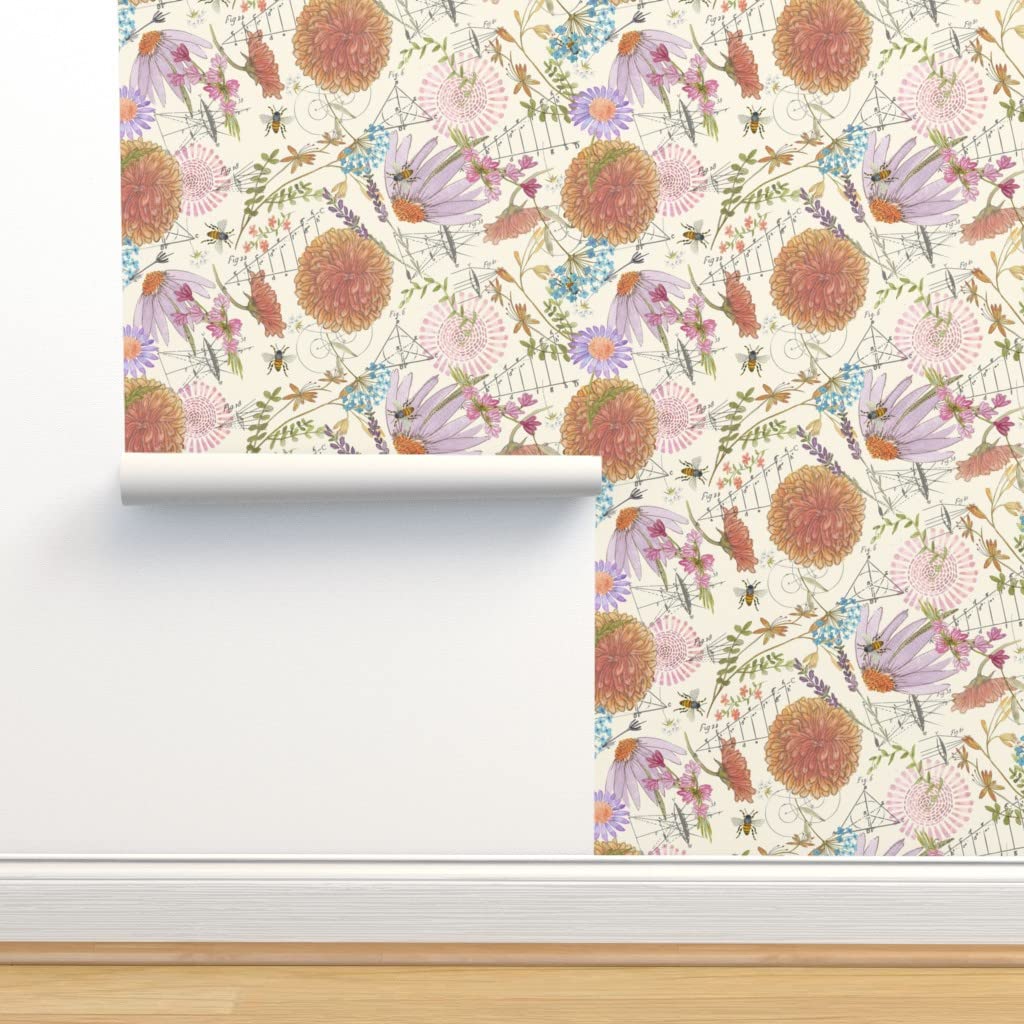 Peel & Stick Wallpaper 9ft x 2ft - Botanical Flowers Greenery Leaves Plants Bees Floral Bee Custom Removable Wallpaper | Perfect for Bedroom, Living Room, Nursery & Home Decor
