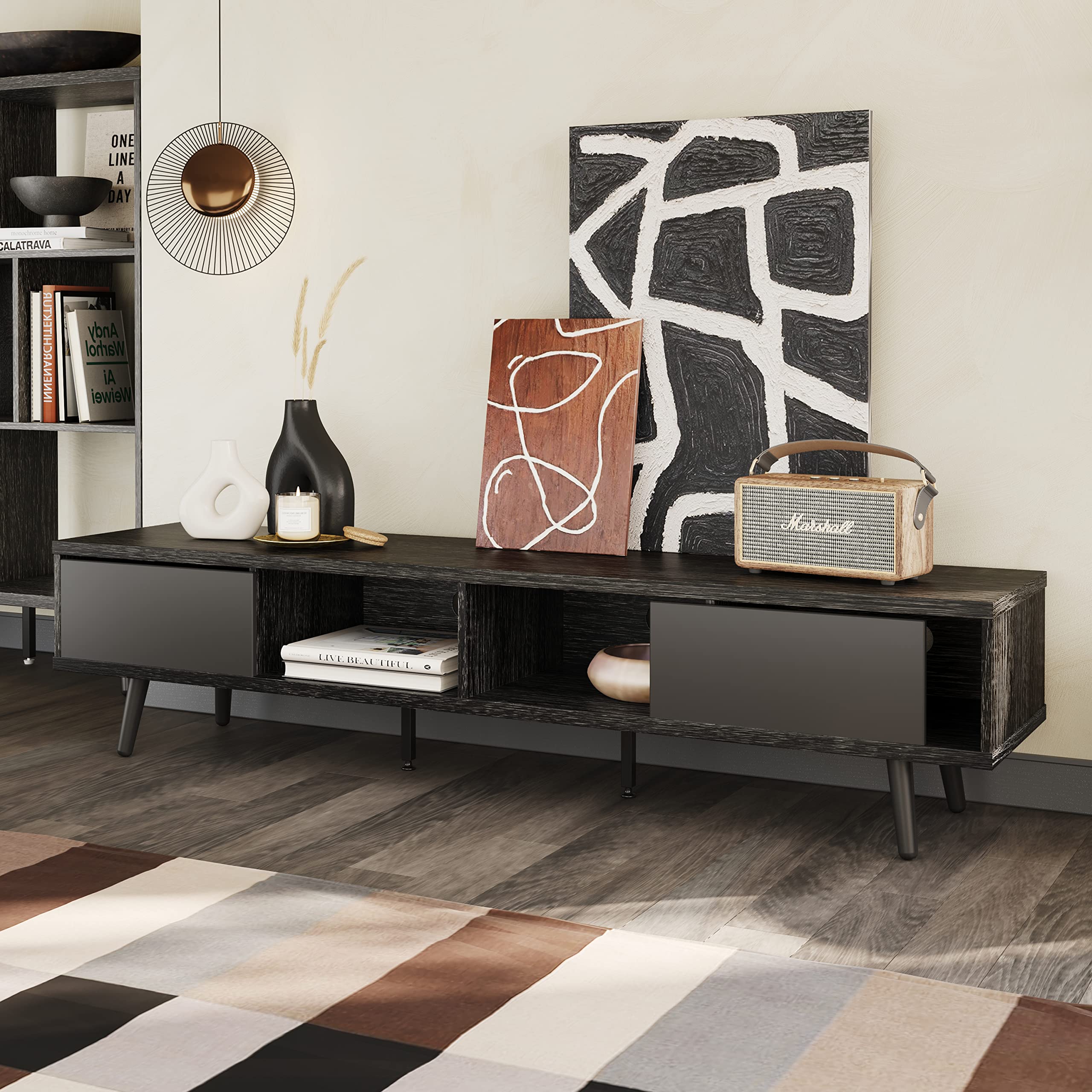 Bestier 70 Inch Mid Century Modern TV Stand for 75 Inch TVs - Low Profile Entertainment Center with Storage & Cord Management - Ash Wood Black Finish - Perfect for Living Room, Bedroom & Home Theater Setup