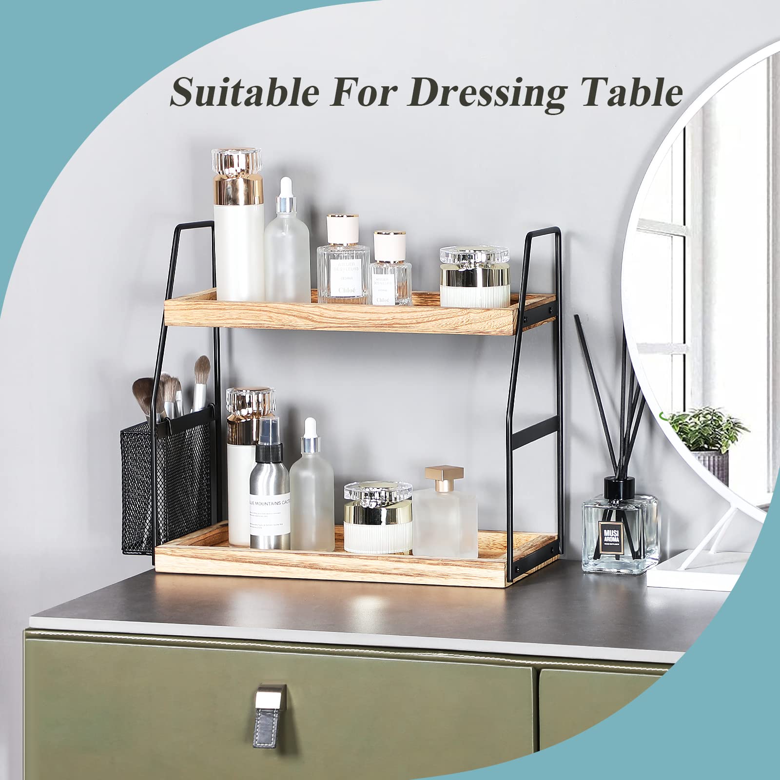 2-Tier Bathroom Counter Organizer with Wood Tray & Storage Basket - Vanity Organizer for Skincare, Makeup & Cosmetics - Perfect for Small Spaces, Countertop Storage & Bathroom Decor