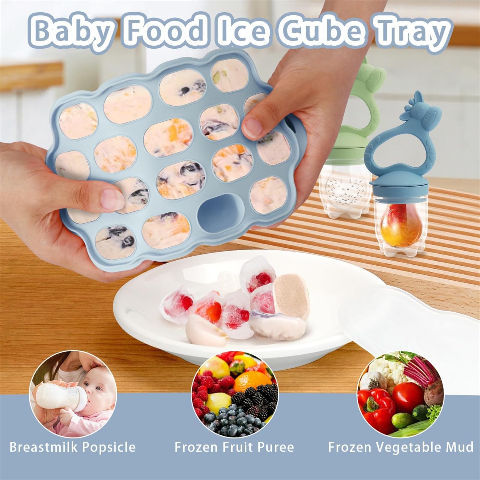 Organic Baby Food Feeder & Breastmilk Popsicle Molds - 6 Pack Silicone Teething Relief Pacifiers with Lid for Newborns & Infants - BPA-Free Freezer Safe for Homemade Puree & Breastmilk Storage - Perfect for Teething Pain Relief & Introducing Solid Foods (Blue & Cyan) - Ideal for Daycare, Travel & On-the-Go Feeding