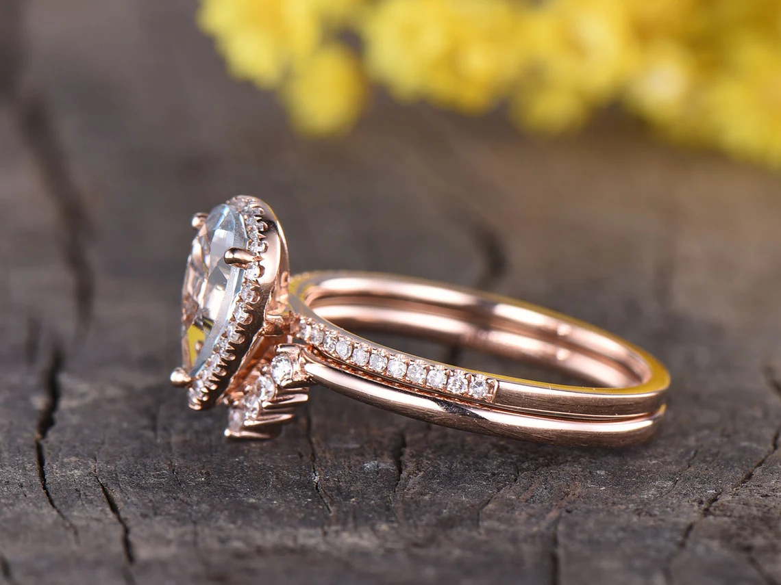14K Rose Gold Pear Halo Aquamarine & Diamond Engagement Ring Set - 0.33ct Diamond Frame for Wedding, Proposal & Anniversary Gifts | Elegant Bridal Jewelry