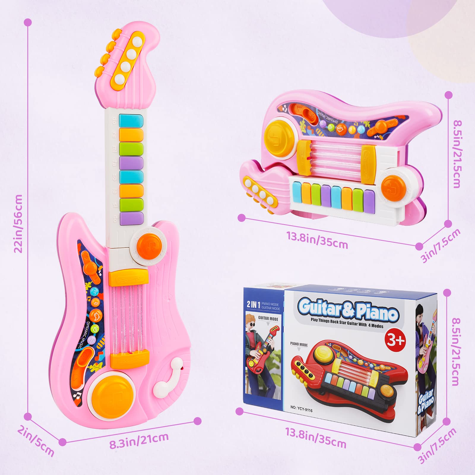 2-in-1 Kids Electric Guitar & Piano Toy with Adjustable Strap - Musical Instrument Gift for 3-5 Year Old Girls & Boys (Pink) | Perfect for Birthday Gifts, Early Music Education & Pretend Play