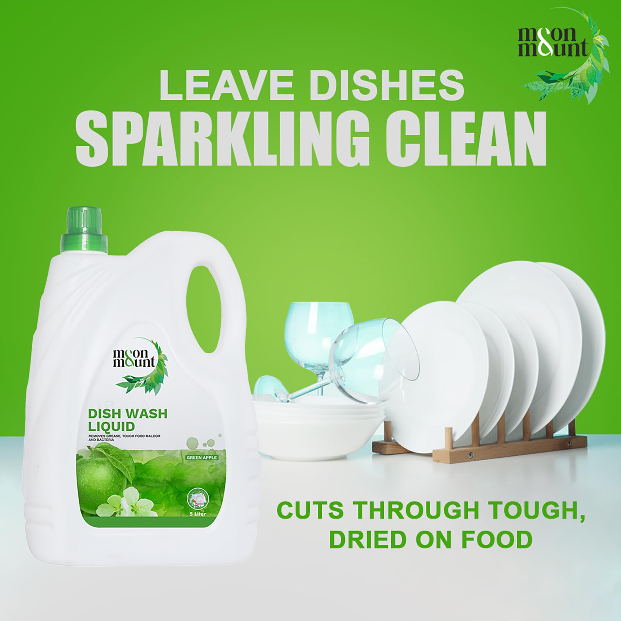Moon & Mount Green Apple Dishwashing Liquid Gel - 5L Grease Cleaner for All Utensils, No Residue Formula | Perfect for Kitchen, Restaurant & Commercial Use