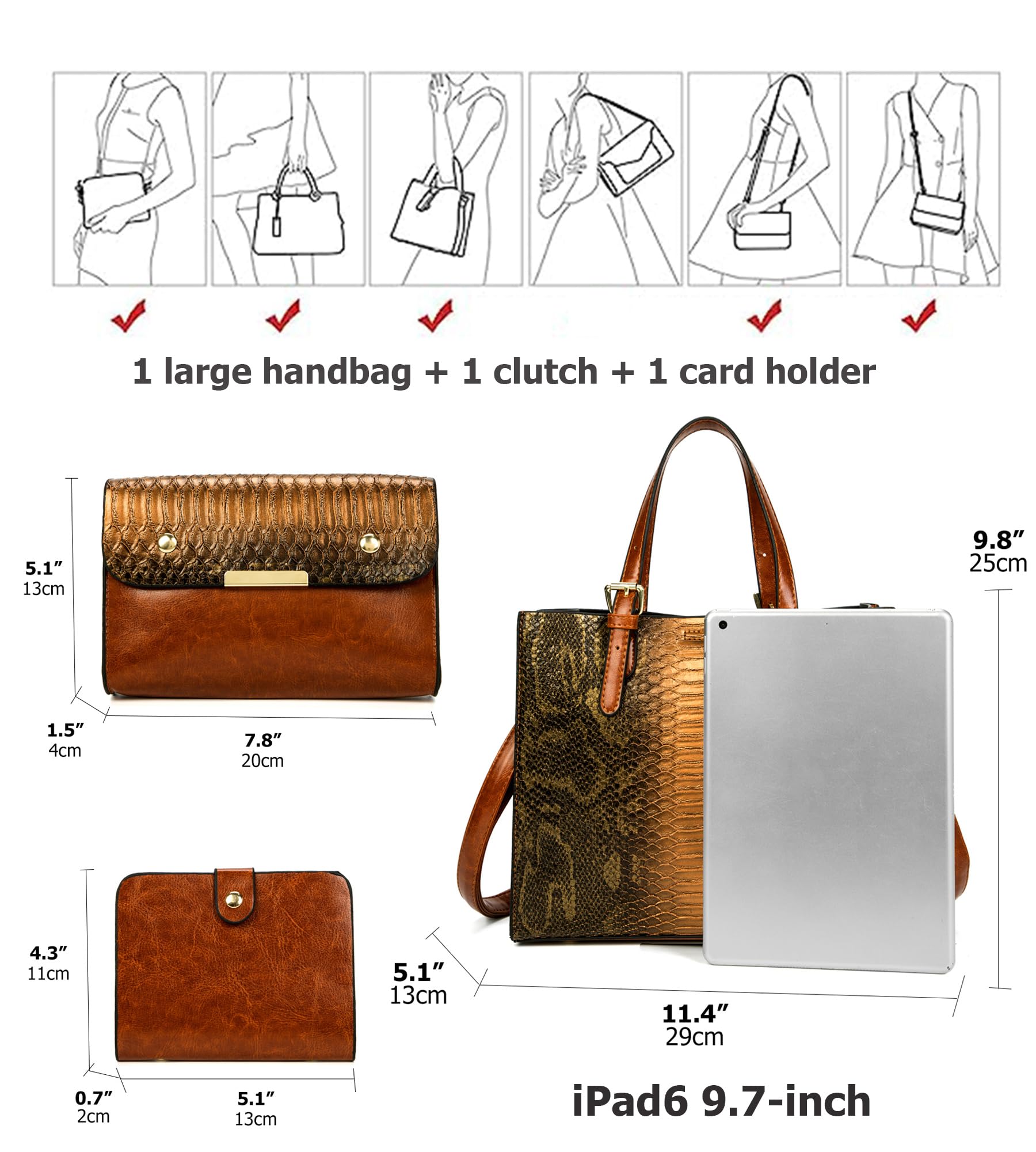 KingTo Women's Crocodile Pattern Satchel Handbag Set - Stylish Tote & Shoulder Bag 3-Piece Collection for Work, Travel & Evening Out