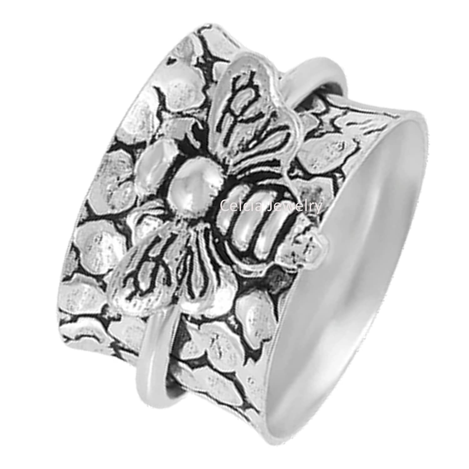 925 Sterling Silver Honey Bee Spinner Ring - Anxiety Relief & Meditation Fidget Ring for Stress Relief - US Size 7 - Perfect for Office, Travel & Daily Wear