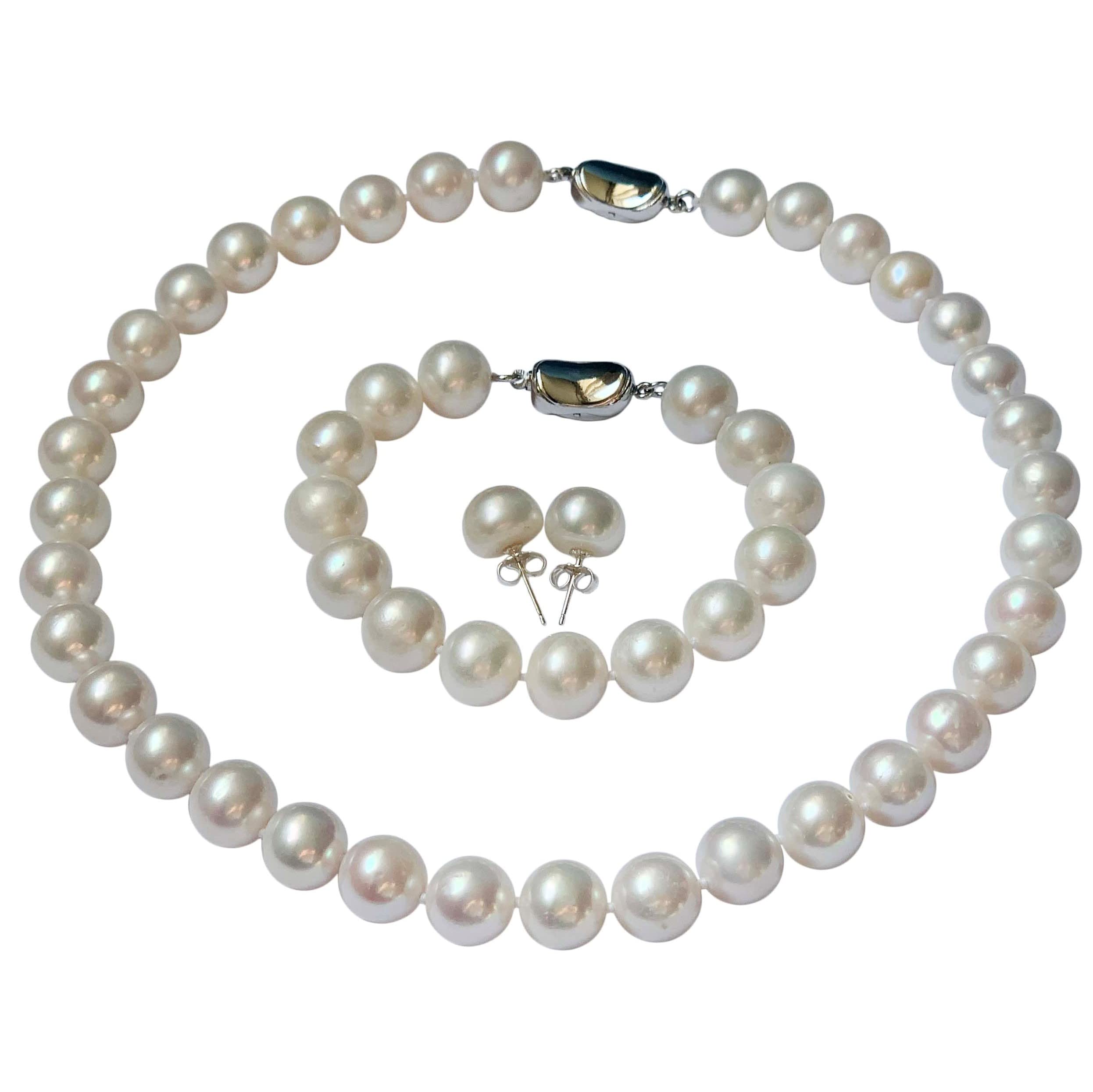 Pearl Romance II Round White Pearl Necklace Bracelet & Earrings Set for Women - 3 Piece Genuine Cultured Freshwater Pearl Jewelry Set with Strand Necklace & Stud Earrings - Perfect for Christmas Gifts, Weddings, Anniversaries and Special Occasions