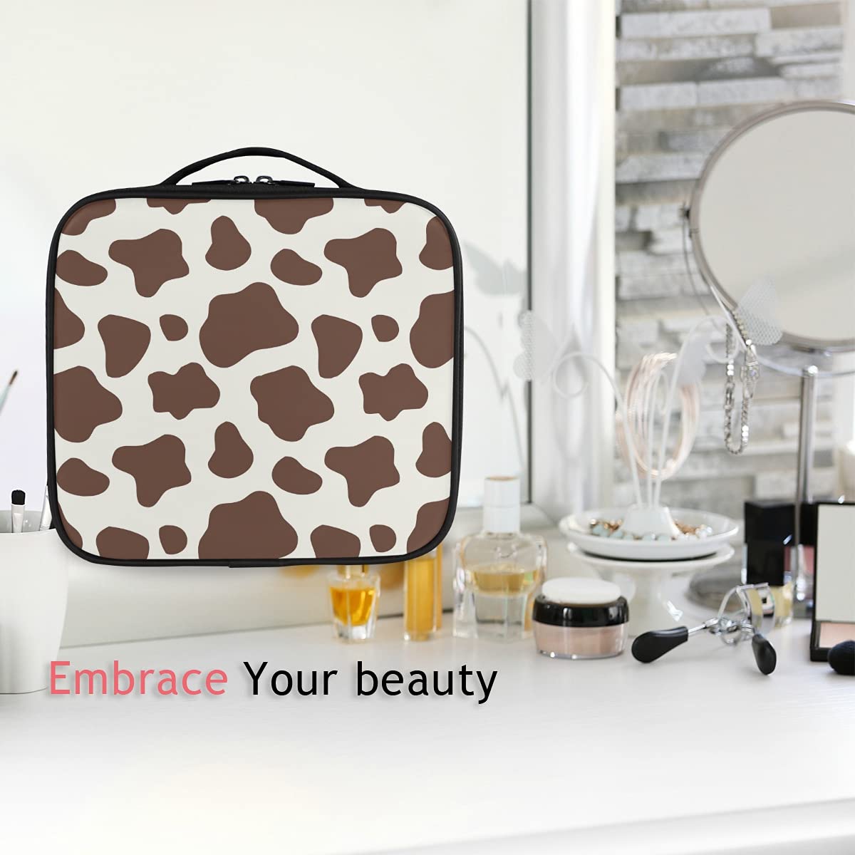 Stylish Doodle Brown Cow Print Makeup Bag - Large Travel Cosmetic Organizer with Adjustable Dividers - Perfect for Travel, Gym & Daily Beauty Storage