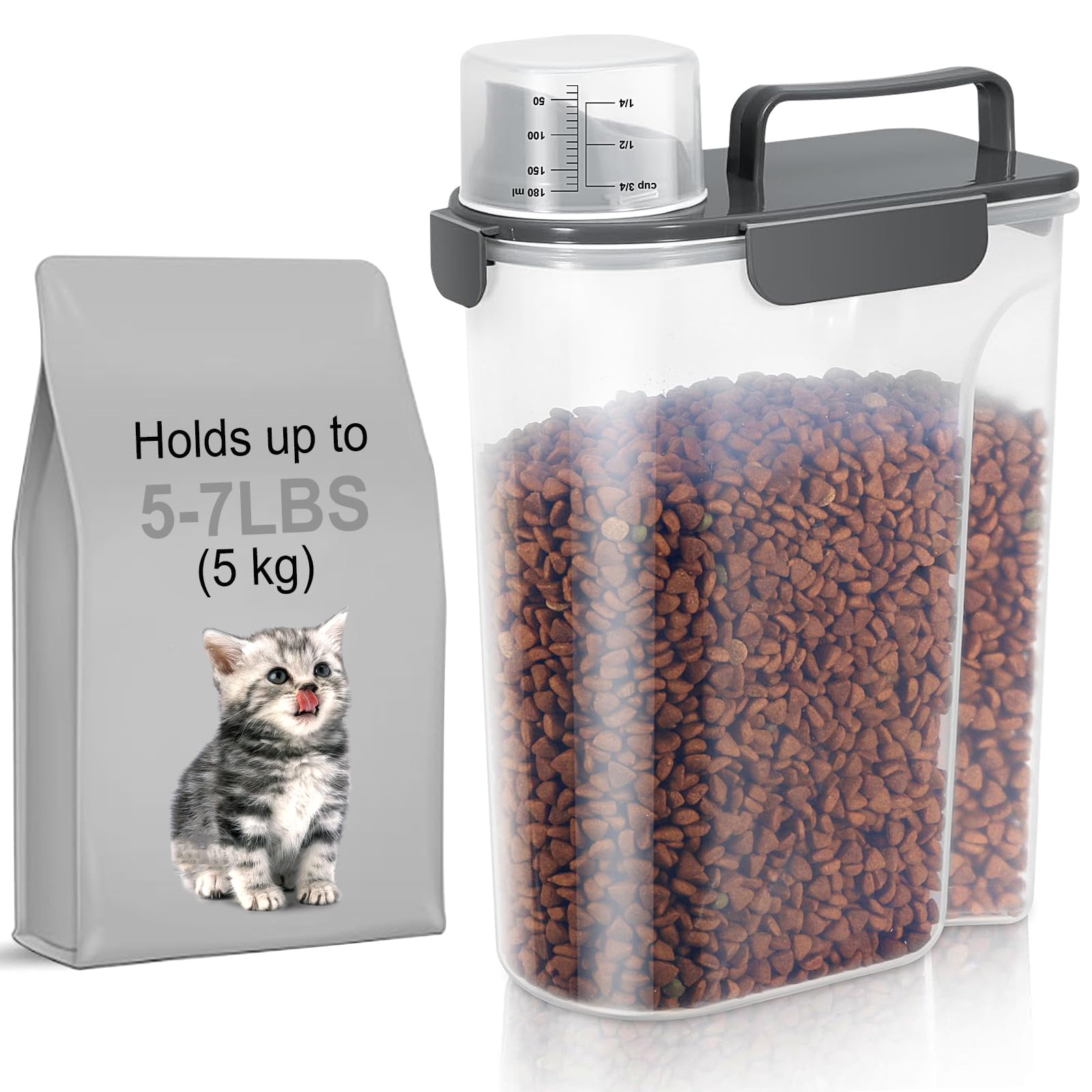 5Lbs Pet Food Storage Container with Upgraded Large Spout & Measuring Cup - Plastic Dispenser for Dog, Cat, Bird Food, Oatmeal, Rice, Flour - Airtight, Portable, Dark Gray - Perfect for Kitchen Pantry, Pet Feeding & Bulk Food Storage