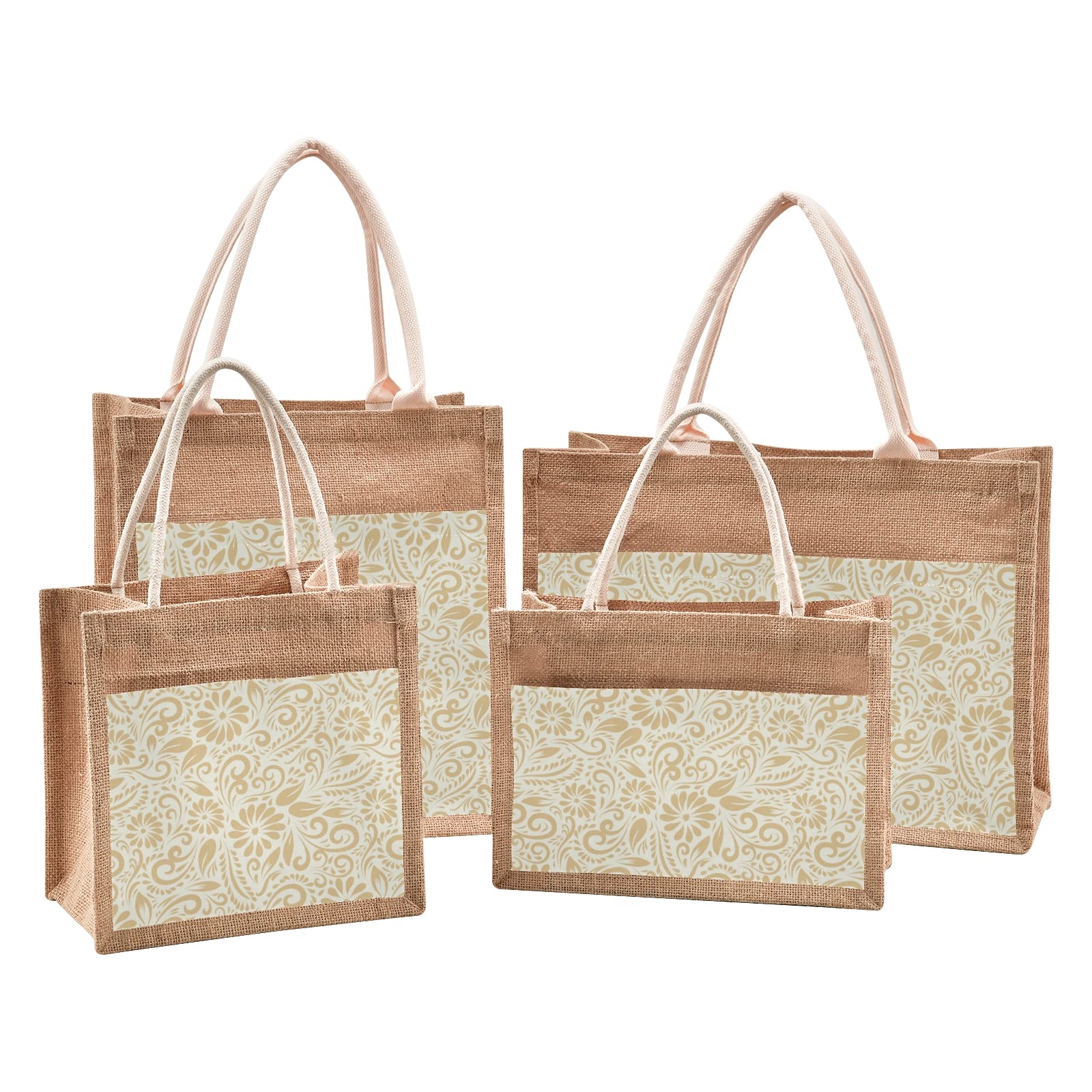 Eco-Friendly Jute Tote Bag with Golden Decorative Design - 4 Sizes Reusable Beach & Grocery Shopping Bag with Sturdy Handles | Perfect for Beach Outings, Farmers Market & Sustainable Lifestyle