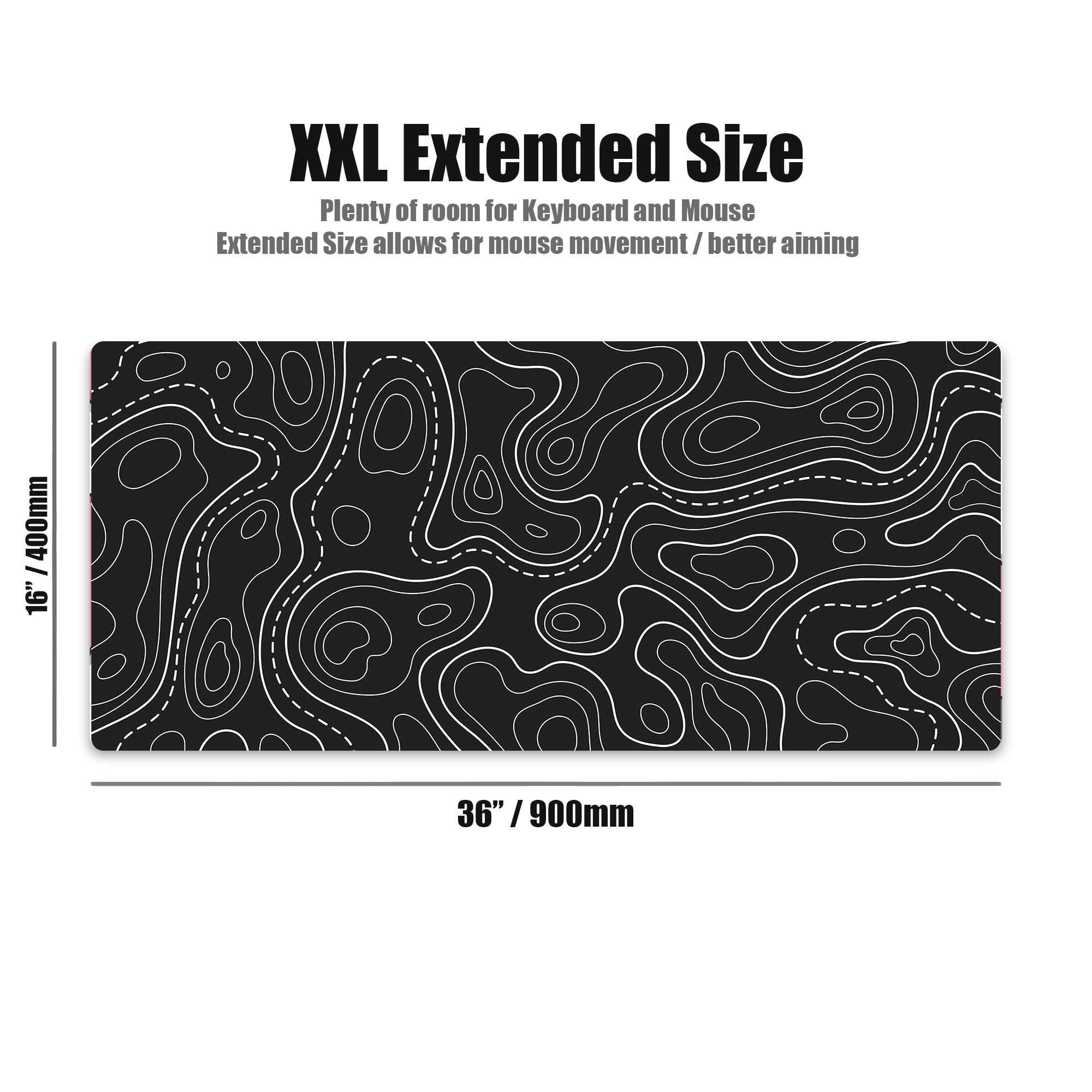Kraken Keyboards XXL Topographic Gaming Mouse Pad - Extra Large Black & White Desk Mat for Keyboard & Mouse - Thick Non-Slip Artisan Mousepad for PC Gaming & Office Work (Black Topographic Design) - Perfect for Gamers, Graphic Designers & Home Office Setup
