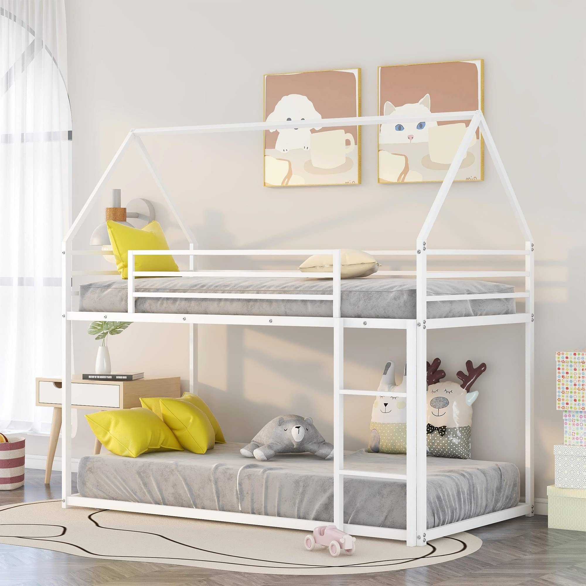 **Metal Twin Over Twin Bunk Bed with Roof - White House Bunk Beds for Kids & Toddlers - Space-Saving Floor Bed for Small Rooms, Playrooms & Sleepovers**