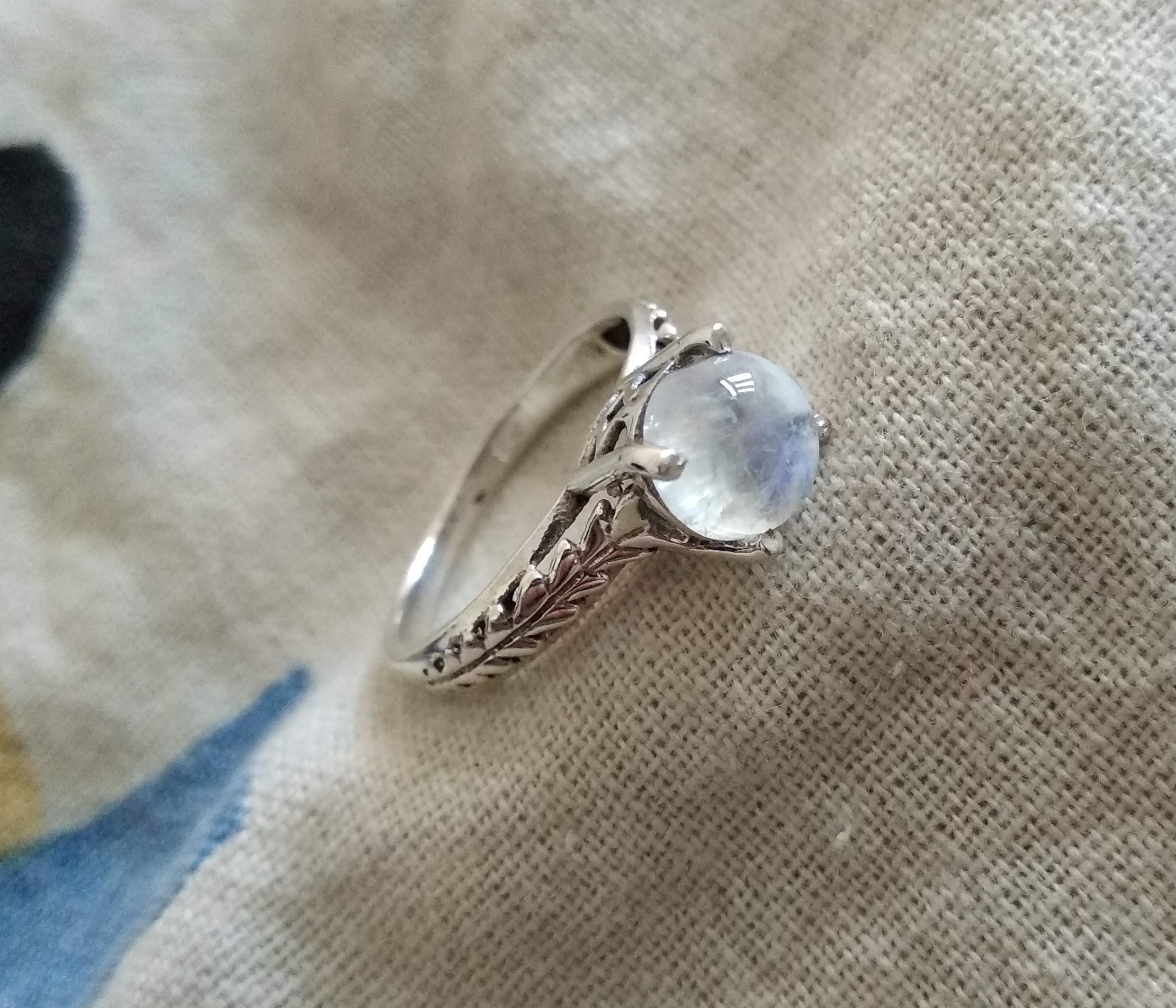 Moonstone Ring - 925 Sterling Silver Prong Solitaire Ring with Genuine Healing Crystal | Dainty Blue Flashy Vintage Jewelry | Christmas Gift for Her, Birthday Present, Anniversary Jewelry, Spiritual Healing Accessory