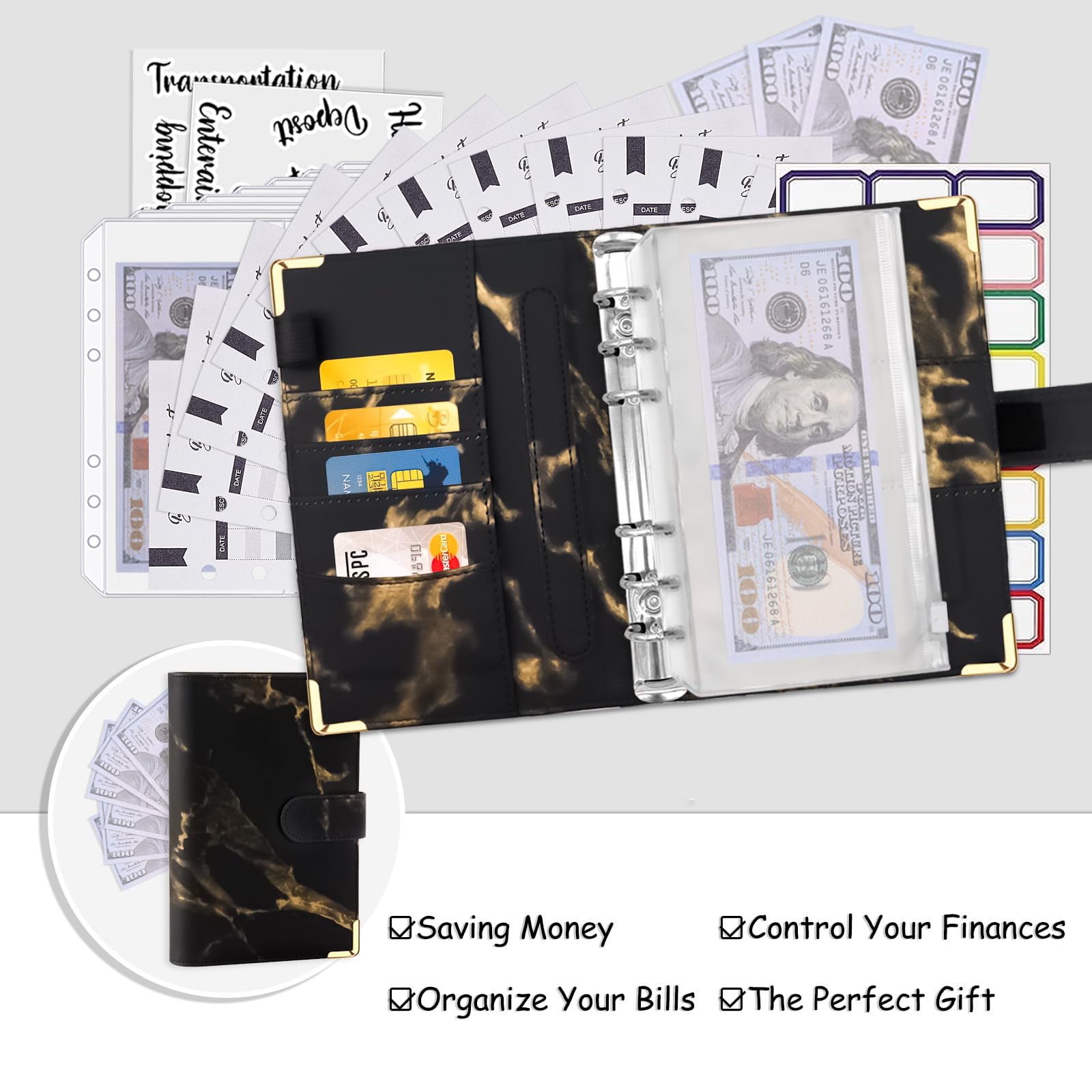 PU Leather Budget Binder with Zipper Envelopes - Money Organizer for Cash, Bills & Coupons | Cash Envelope System for Budgeting & Saving Money | Durable Marble Black Finance Planner (Perfect for Home Budgeting, Travel Expense Tracking & Financial Organization)