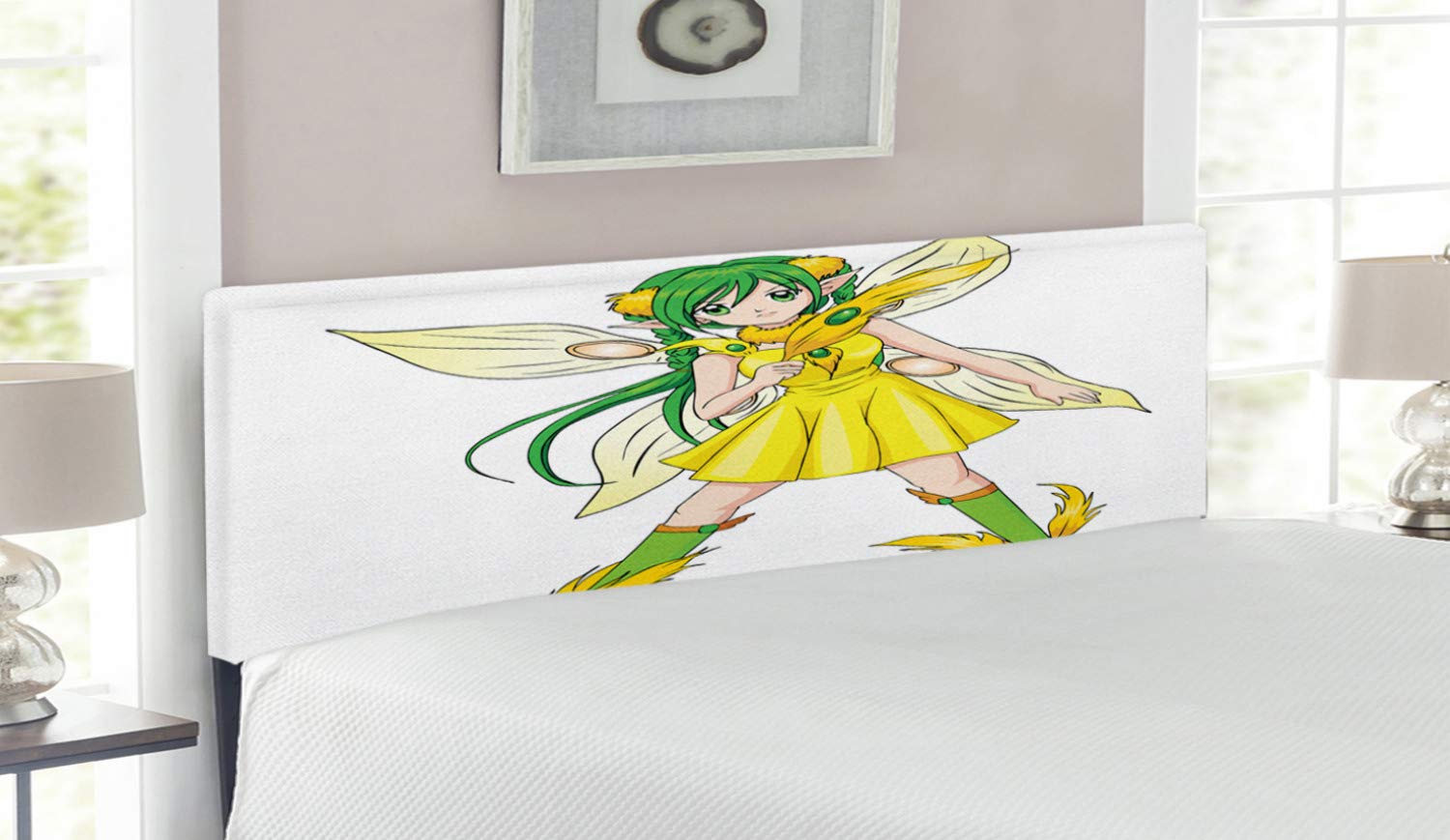 Ambesonne Anime Headboard - Japanese Manga Style Fantasy Girl in Yellow Dress, Upholstered Metal Bed Frame with Memory Foam, Queen Size (Yellow/Lime Green/Ivory) - Perfect for Anime Lovers' Bedroom Decor & Themed Guest Rooms