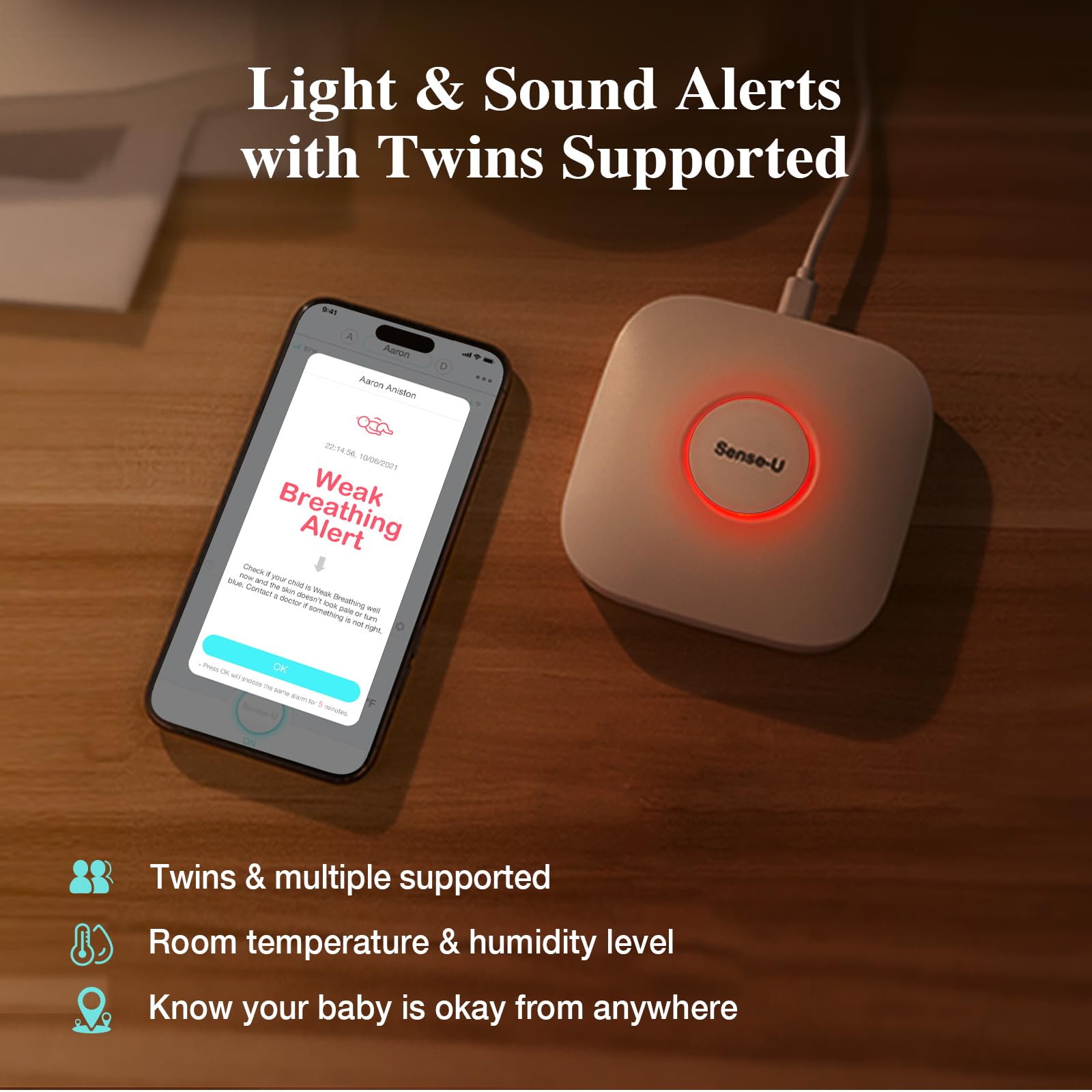 Sense-U Pro Baby Breathing Monitor with Real-Time Alerts – Track No Breathing, Rollover & Overheating Remotely | Vibration, Sound & App Notifications | Clip-On Wearable Design for Home, Travel & Nursery Safety