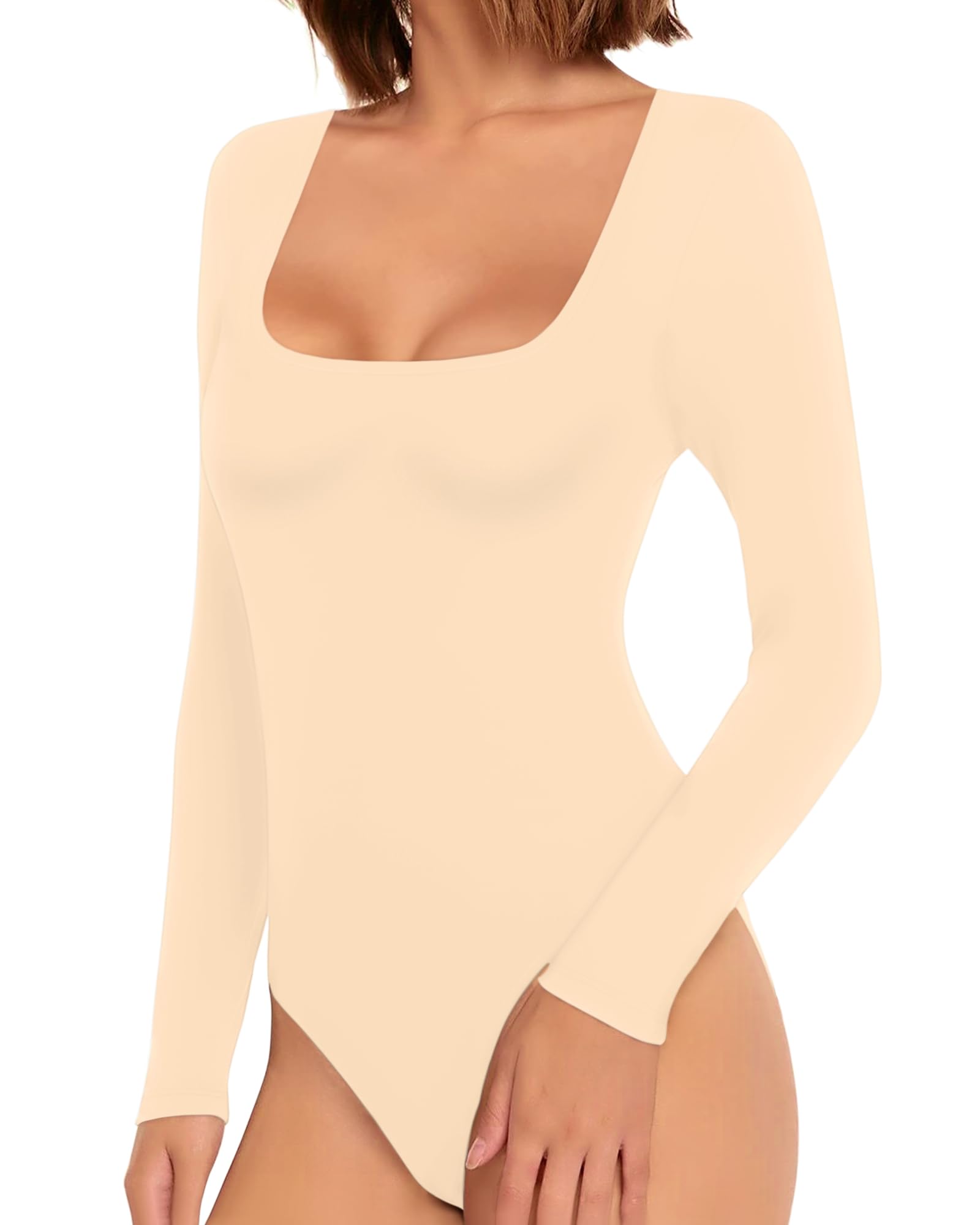 Allchic Women's Long Sleeve Scoop Neck Bodysuit Tops - Basic Stretch Jumpsuits for Casual Wear, Layering & Everyday Outfits