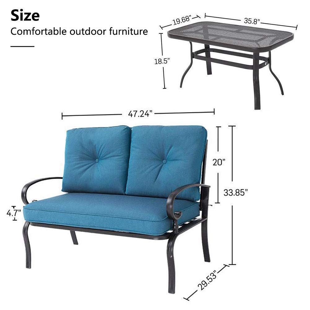 Crownland Outdoor 2-Piece Love Seat with Bistro Coffee Table Set - Patio Bench with Cushion for Garden, Porch, Yard, Poolside (Peacock Blue) | Perfect for Relaxing, Entertaining, and Outdoor Dining