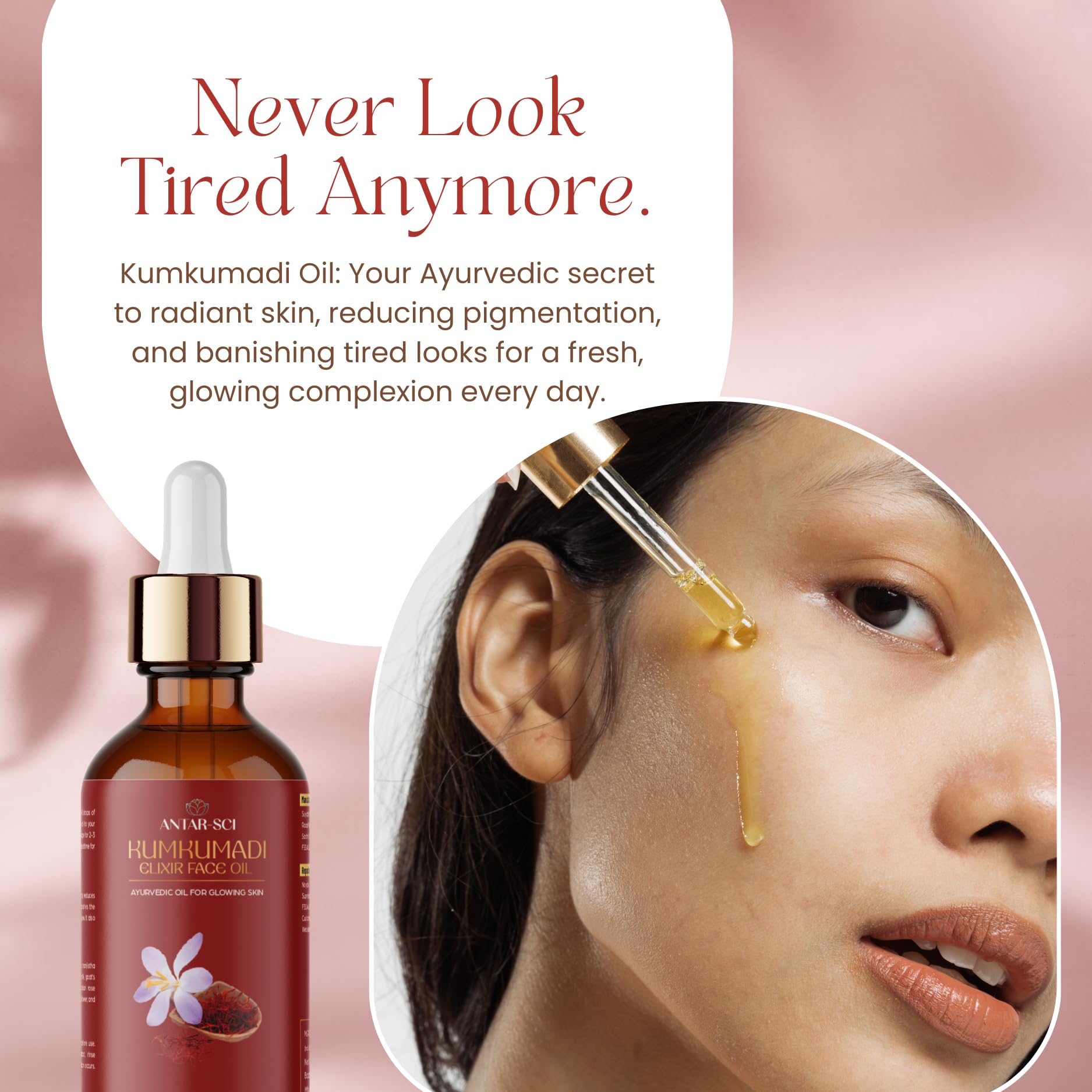 Antar-Sci Ayurvedic Kumkumadi Gold Oil for Glowing Skin | 100% Pure & Natural | Luxurious Saffron, Manjistha, Sandalwood & 9 Herbal Blend | Reduces Fine Lines & Repairs Skin | 30ml | Perfect for Nighttime Skincare & Anti-Aging Routine
