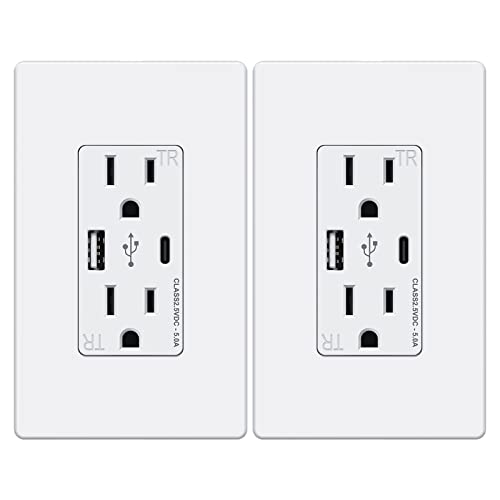 WEBANG 5.0A USB Wall Charger Outlet with Type A & Type C Ports - 15A Electrical Outlet with Fast Charging USB C - Includes Screwless Wall Plate - ETL Certified - White (2 Pack) - Perfect for Home, Office & Travel Charging Needs