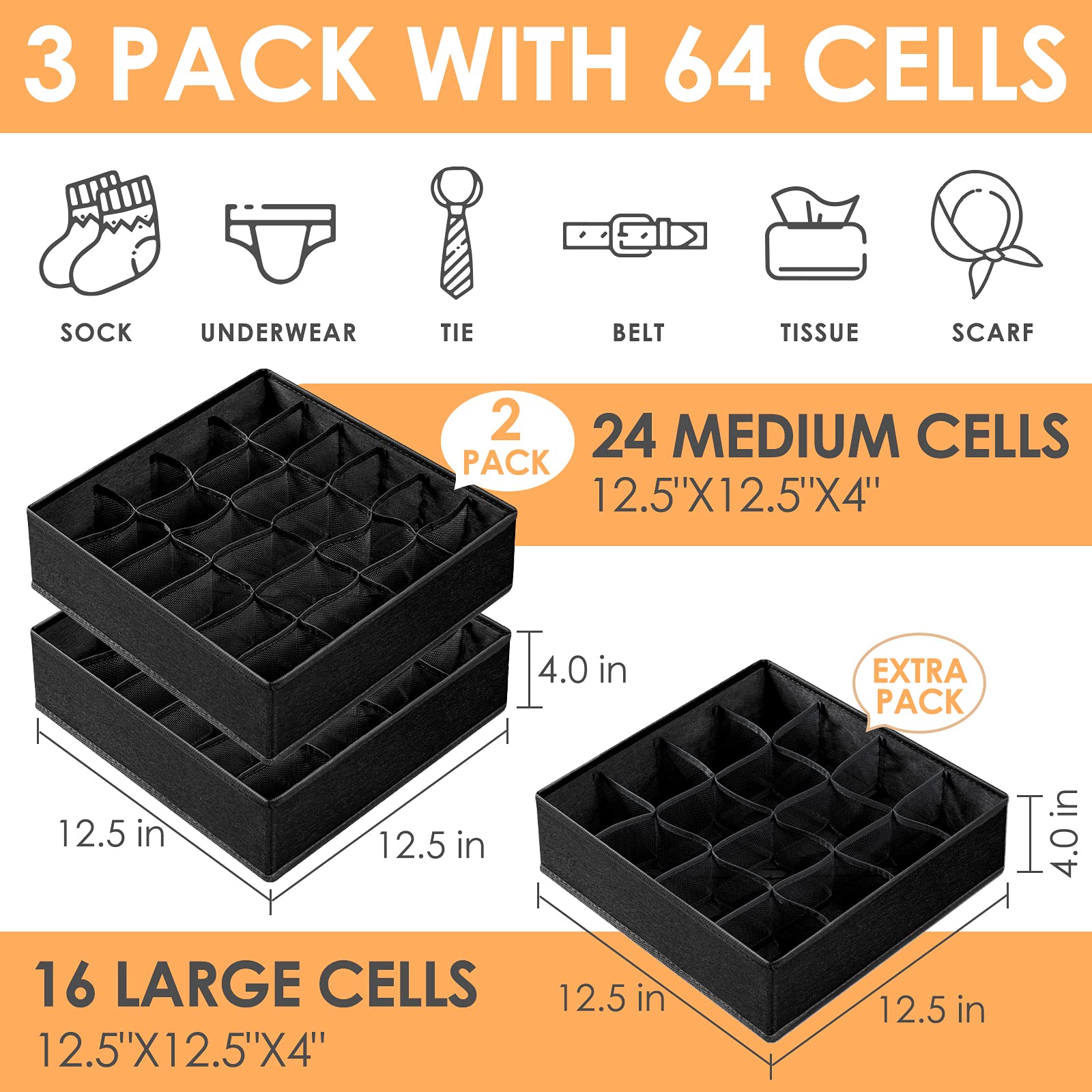 8-Pack 11-Inch Fabric Storage Cubes & 3-Pack Drawer Organizers for Socks & Underwear - Closet & Dresser Organization Solutions for Bedroom, Nursery, and Dorm Room Storage