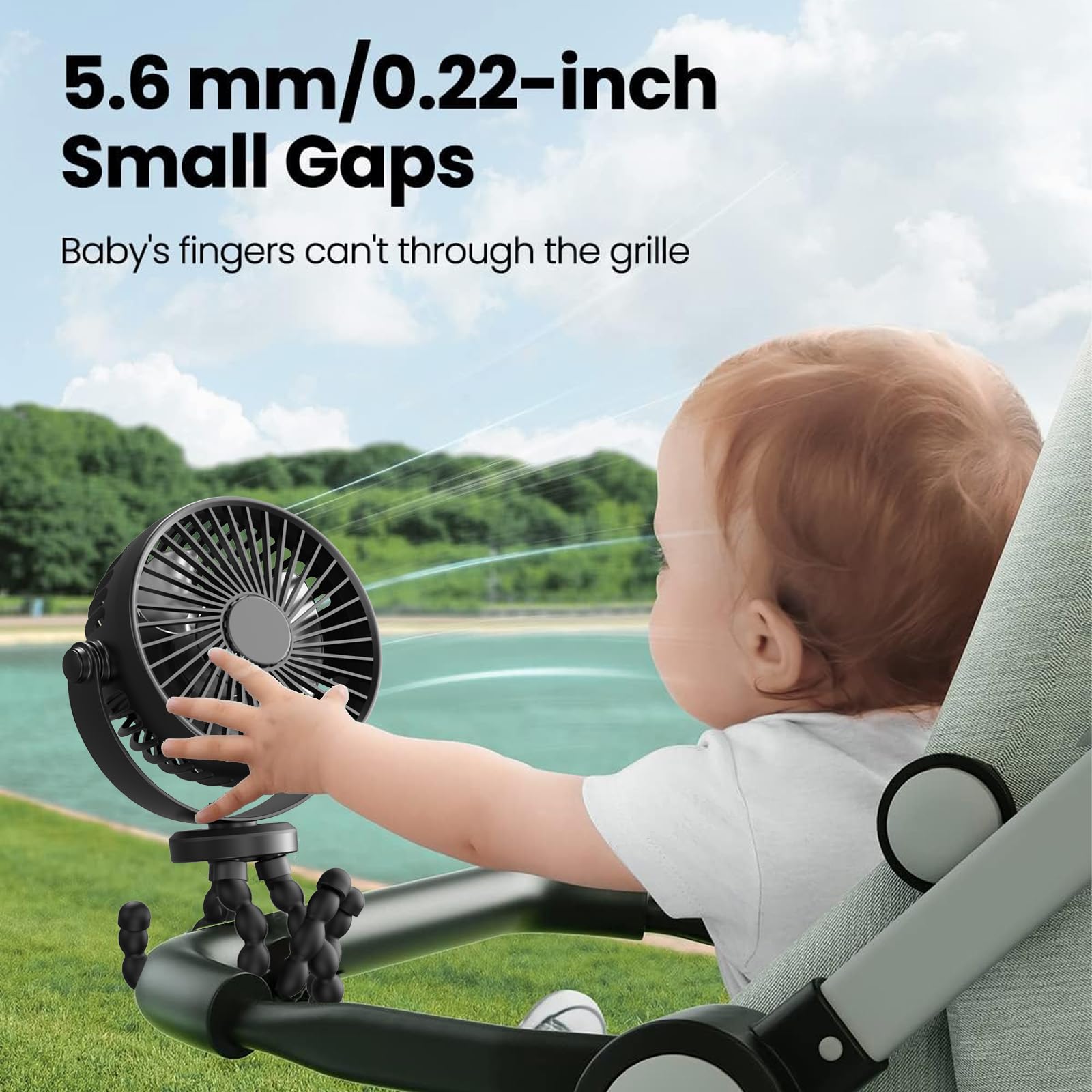Meibolin Rechargeable Stroller Fan for Baby - Portable 3-Speed Handheld Fan with Flexible Tripod, Ideal for Strollers, Cars, Seats, Cribs, Bikes & Treadmills | Perfect for Outdoor Activities, Travel & Nursery Comfort