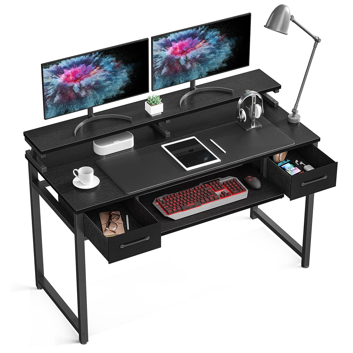 ODK 48 Inch Computer Desk with Drawers & Keyboard Tray - Home Office Study Table with Monitor Shelf & Storage - Black - Perfect for Remote Work, Gaming Setup & Small Space Workstations
