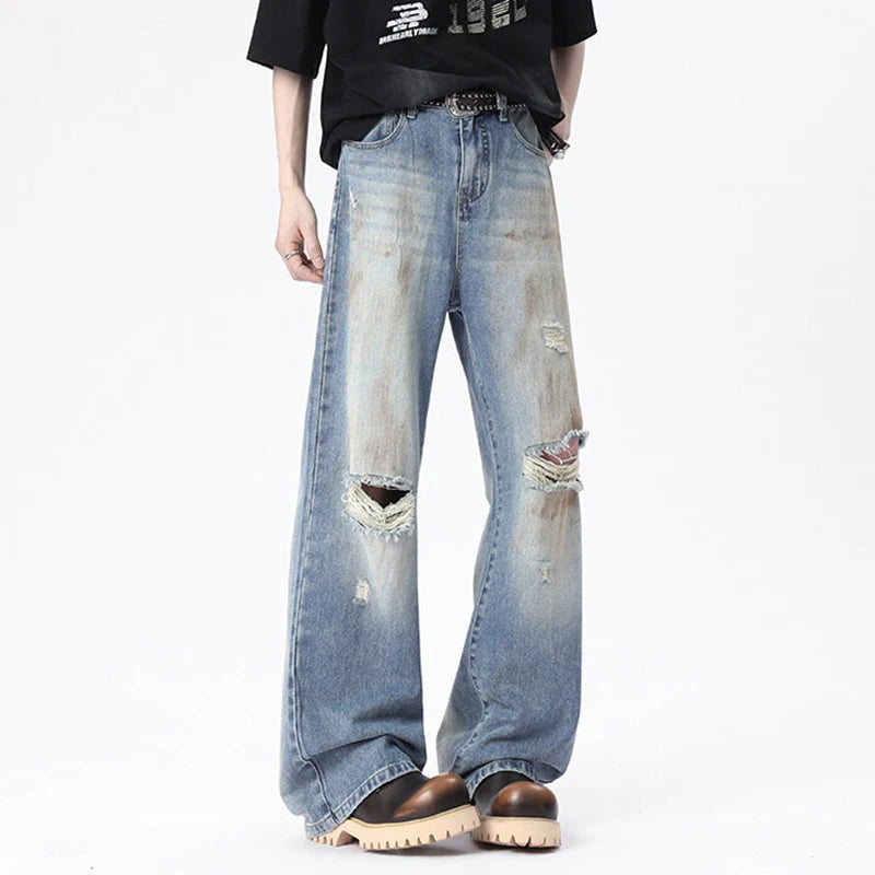 American Men's Distressed Denim Pants - High Street Fashion Straight Wide Leg Jeans with Hole Design (Style 9W1671) | Casual Wear, Street Style & Everyday Outfits