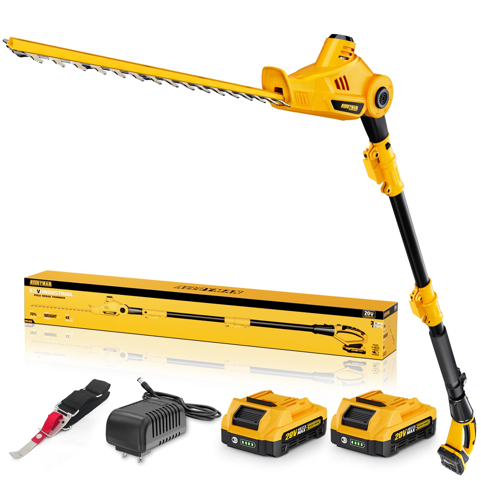 Alloyman 20V MAX Cordless Telescoping Pole Hedge Trimmer with 2 Packs 2.0Ah Lithium-Ion Batteries & Fast Charger - 8 Feet Extendable Shrub Trimmer for Tall Hedges, Bushes & Garden Pruning - Perfect for Landscaping, Yard Maintenance & Professional Gardening