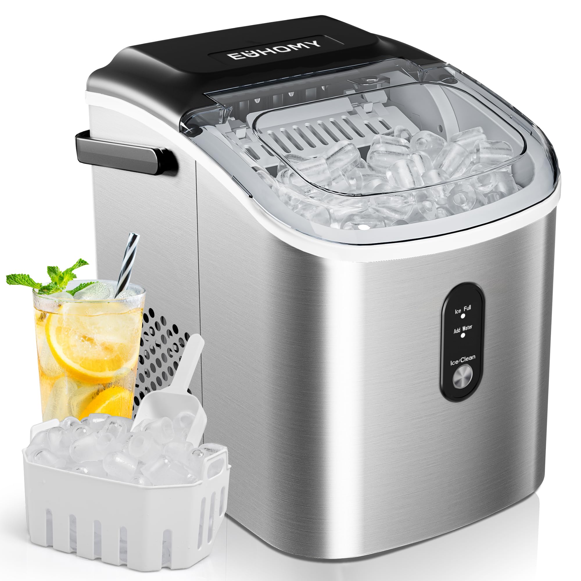 EUHOMY Portable Ice Maker Machine - 26.3lbs Daily, 9 Cubes in 6 Minutes, Auto-Cleaning Countertop Ice Maker with Handle, Basket & Scoop - Perfect for Home, Kitchen, Camping, RV & Office Use (Silver)