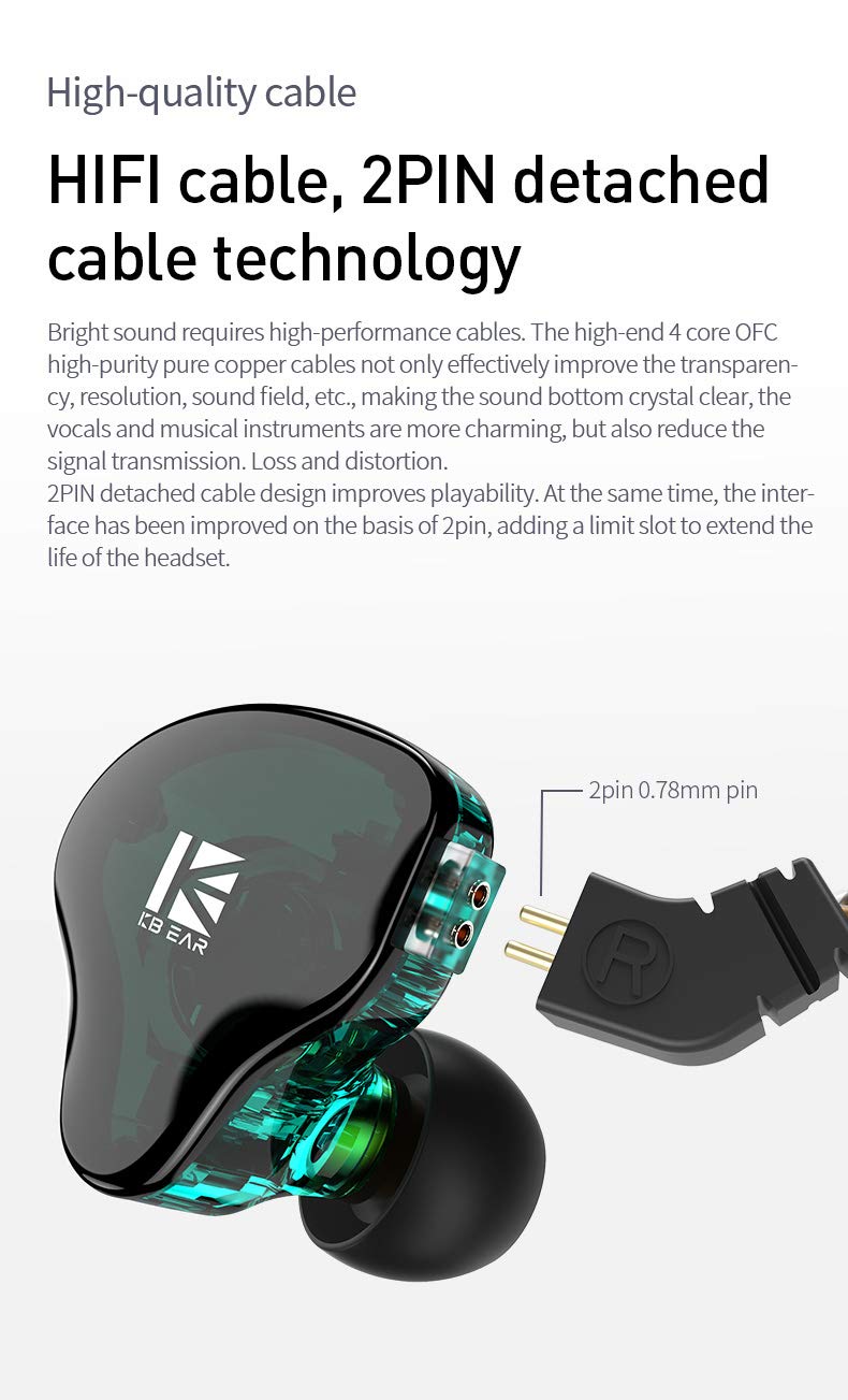 KBear KS2 Wired In-Ear Monitor Earbuds - HiFi Bass IEM Headphones with 1BA+1DD Drivers, Detachable Cable, Noise Isolation (No Mic, Green) | Perfect for Audiophiles, Studio Monitoring & Travel