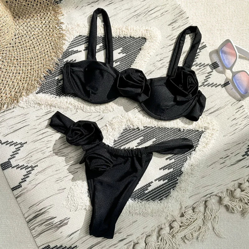 3D Floral Print Bandeau Bikini Set - Sexy Women's Swimsuit with Thong & Brazilian Cut - S-XL Sizes - Perfect for Beach Vacations, Pool Parties & Summer Getaways