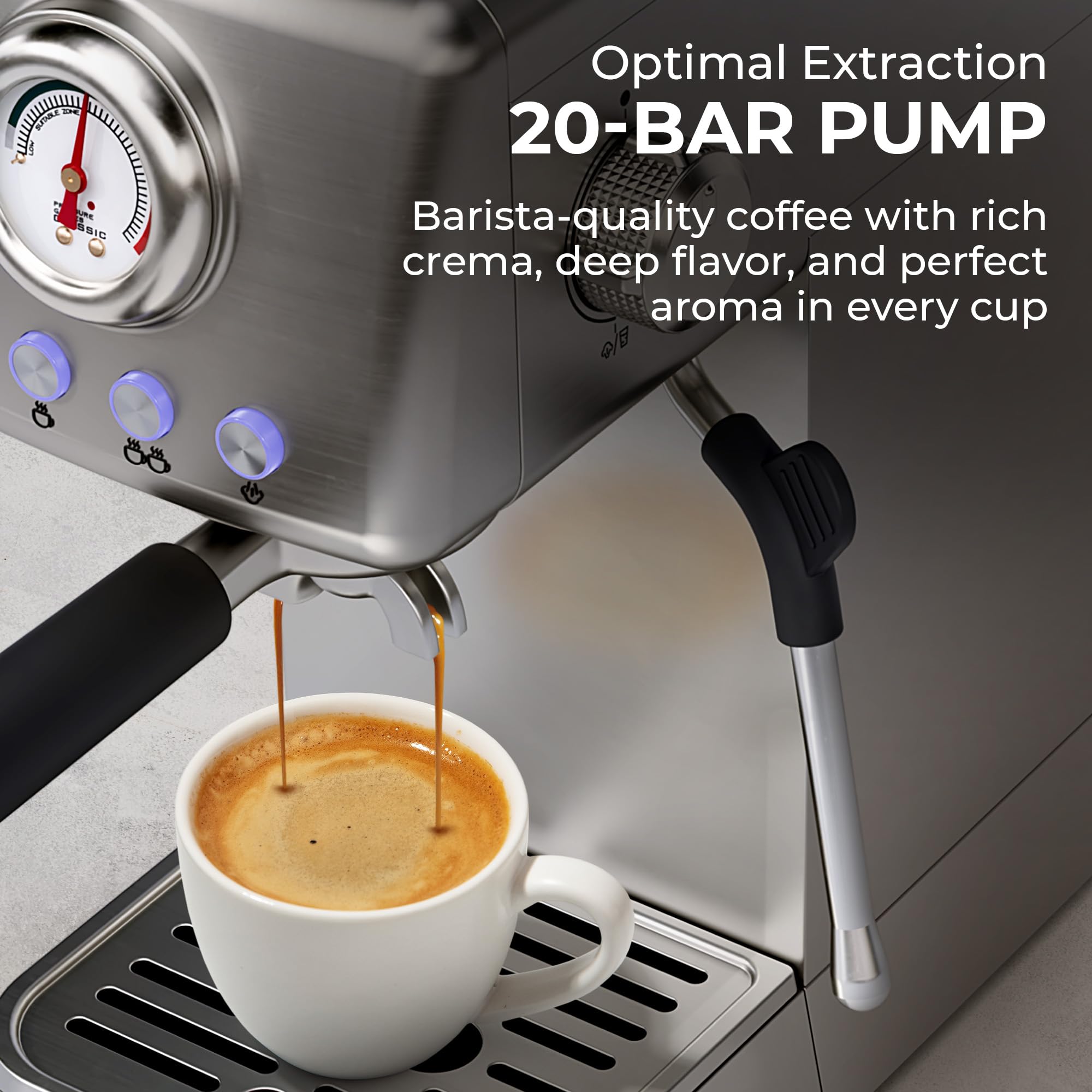 20 Bar Espresso Machine with Milk Frother - Stainless Steel Coffee Maker with Fast Heating Thermo Block & Detachable Water Tank - Perfect for Home Baristas & Coffee Lovers - Ideal for Espresso, Cappuccino & Latte Making