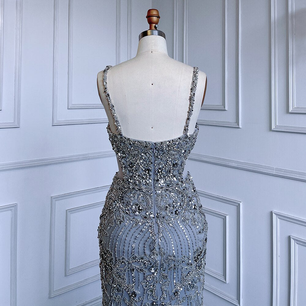 Elegant Grey Mermaid Evening Gown with Spaghetti Straps, Beaded Feather Details & Cut-Out Design for Women's Party Wear - Perfect for Prom, Cocktail Parties & Formal Events