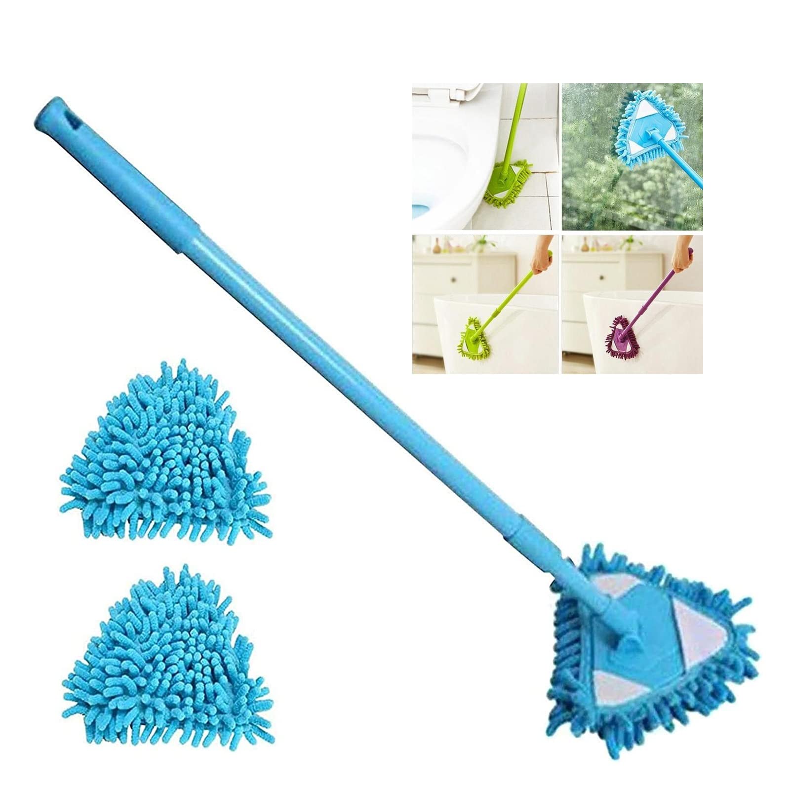 2022 New 180° Rotatable Adjustable Triangle Cleaning Mop with 2 Microfiber Replacement Heads - Wet & Dry Multi-Surface Mop for Bathroom, Floor, Wall, Bed - Perfect for Hardwood, Tile & Glass Cleaning (Blue)