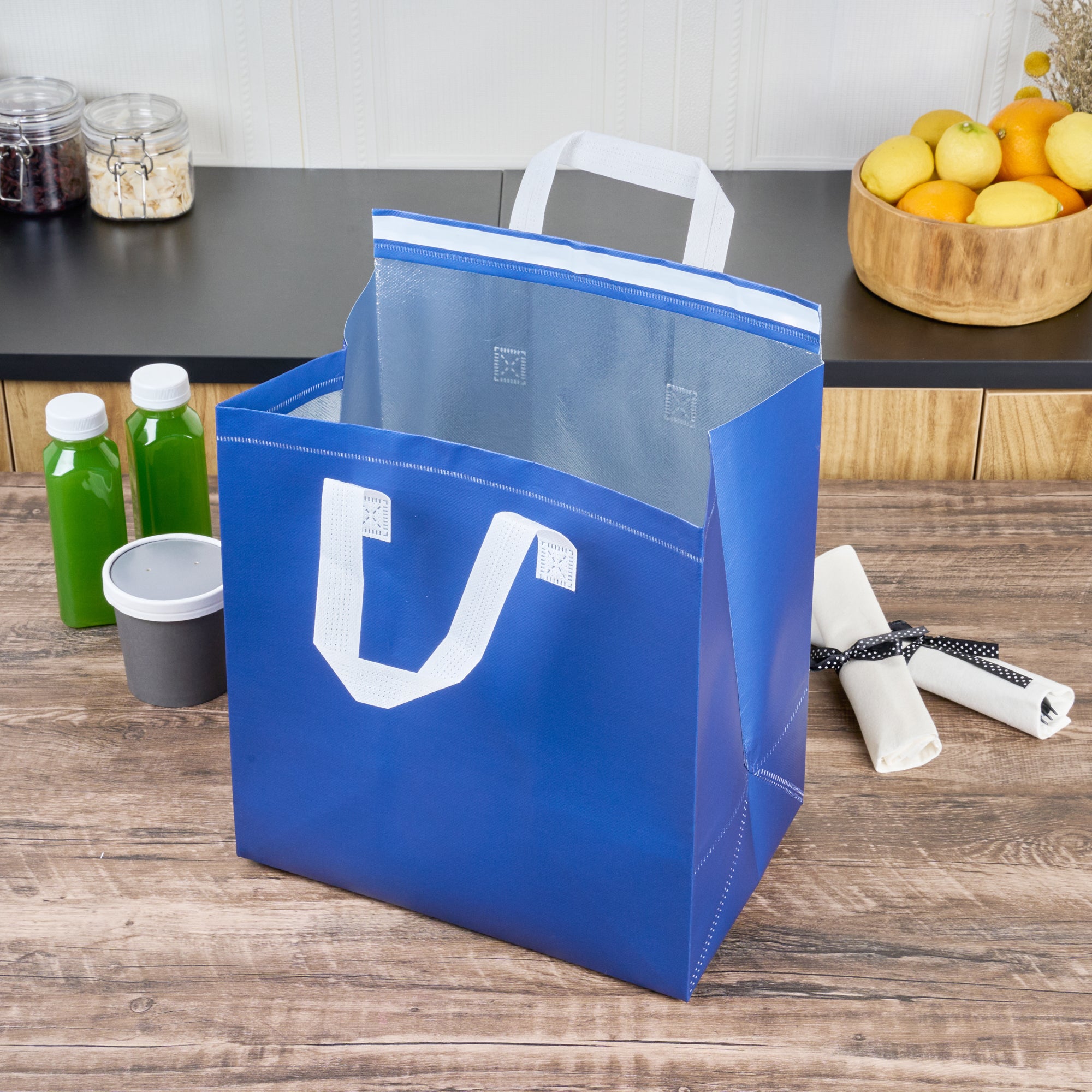 Blue Insulated Takeout Bags with Tamper-Evident Seal | 11.75