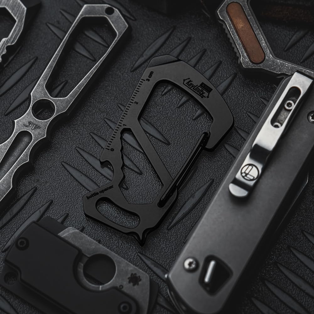 KeyUnity KS00BK 7-in-1 Stainless Steel Multitool Carabiner Clip - Includes Quick Release Clasp, Wrench, Cross/Slotted Screwdrivers, Bottle Opener, Ruler & Key Holder (PVD Black) - Perfect for Camping, Hiking, DIY Repairs & Everyday Carry