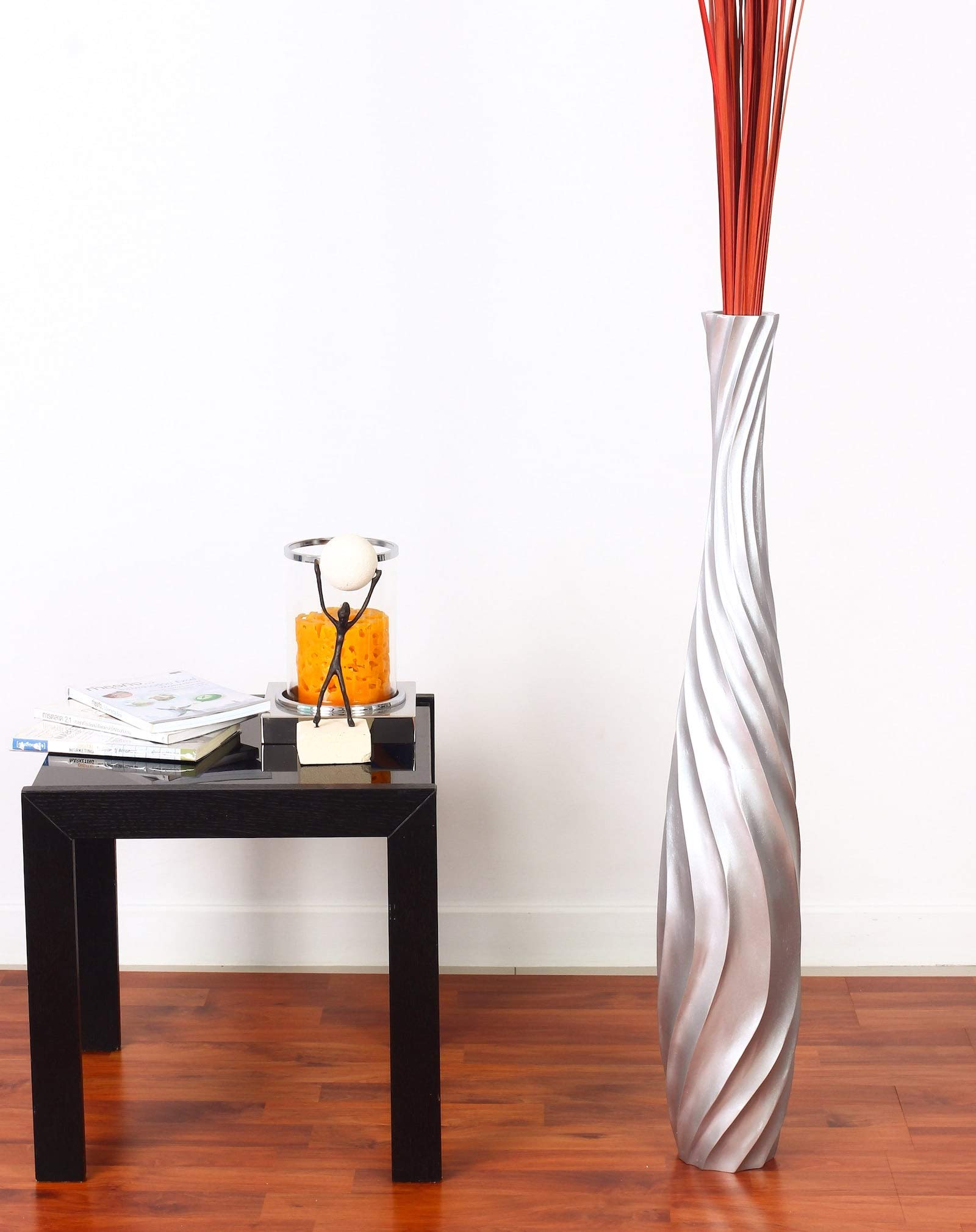 Leewadee 34 Inch Large Silver Floor Vase - Farmhouse Decor Wooden Flower Holder for Fake Plants, Pampas Grass & Home Decor | Perfect for Living Room, Bedroom & Entryway Decor