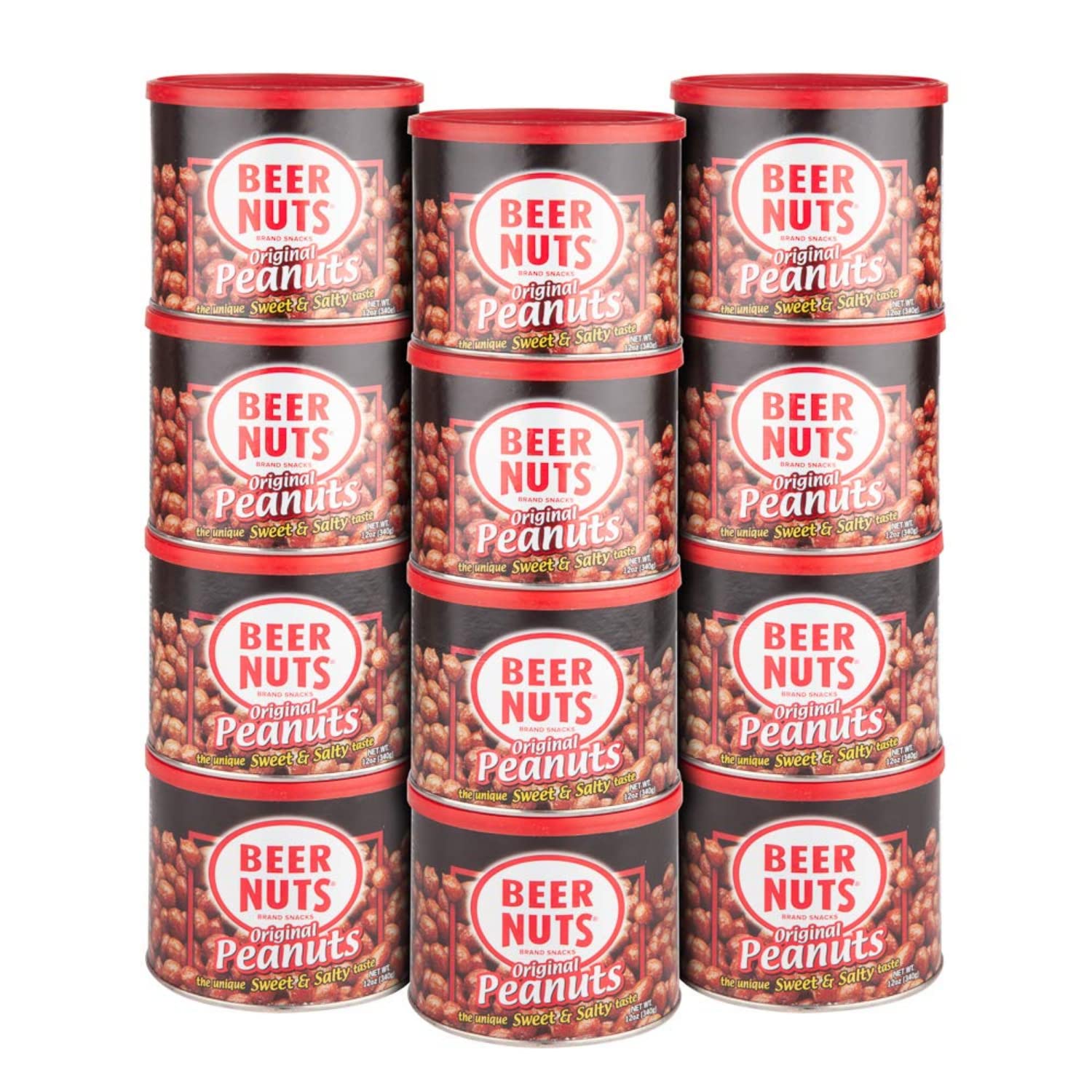BEER NUTS Original Peanuts - Sweet & Salty Gluten Free Snacks - Kosher Certified, Low Sodium USA Made Peanuts - 12oz Resealable Can (Pack of 12) - Perfect for Parties, Road Trips & Office Snacking