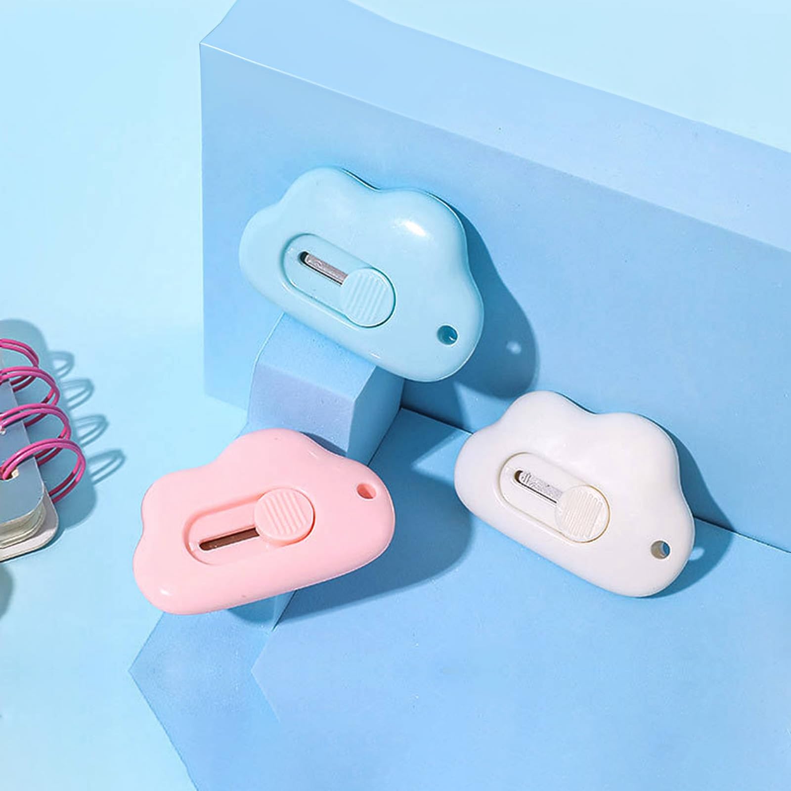 3Pcs Retractable Box Cutter Set - Portable Cloud Shape Mini Utility Knife for Cutting Envelopes, Letter Paper, DIY Crafts - Aesthetic Colors (White, Blue, Pink) - Perfect for Office, Home & Craft Projects
