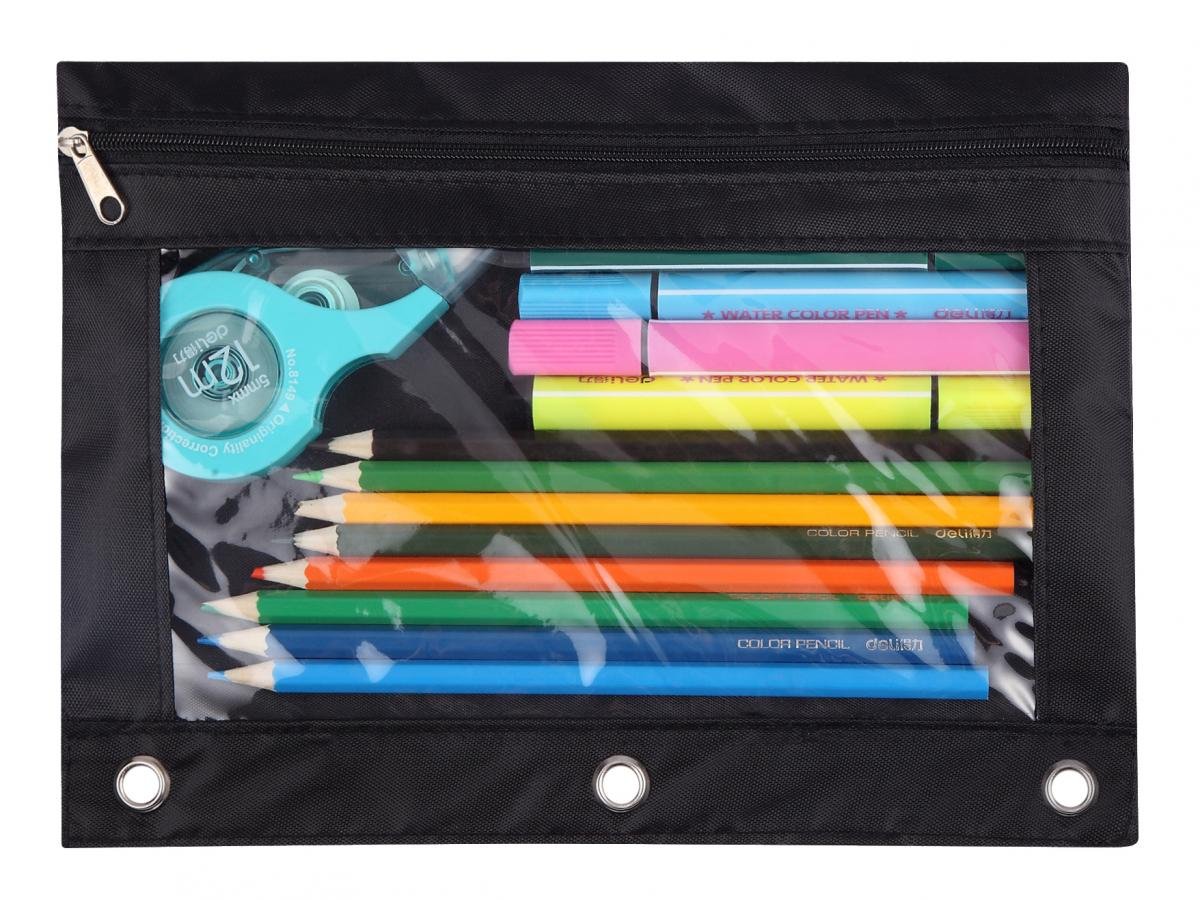 3-Ring Binder Pencil Pouch with Clear Window - School Supplies Organizer for Classroom, Office & Home - Black Stationery Case for Pens, Pencils & Art Supplies