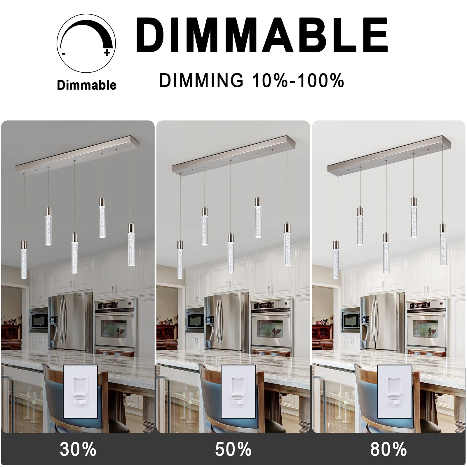 Modern 5-Light Dimmable LED Pendant Lighting for Kitchen Island - Crystal Accent Ceiling Fixture, 40W 6000K Cool White, Perfect for Dining Room & Breakfast Bar Lighting