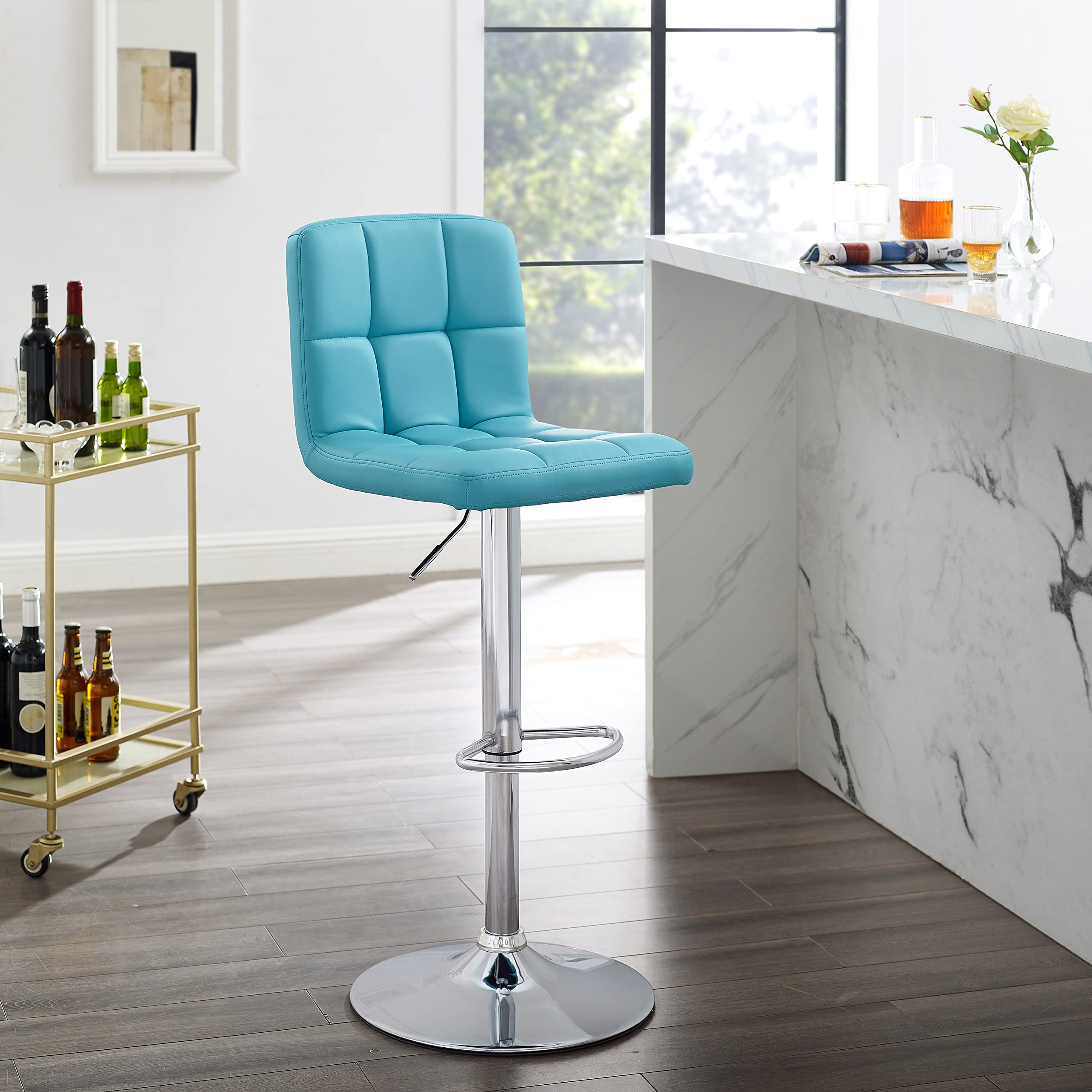Powell Clayton Adjustable Bar Stool - Teal Faux Leather & Chrome Metal Finish - Modern Kitchen Island, Breakfast Nook & Home Bar Seating