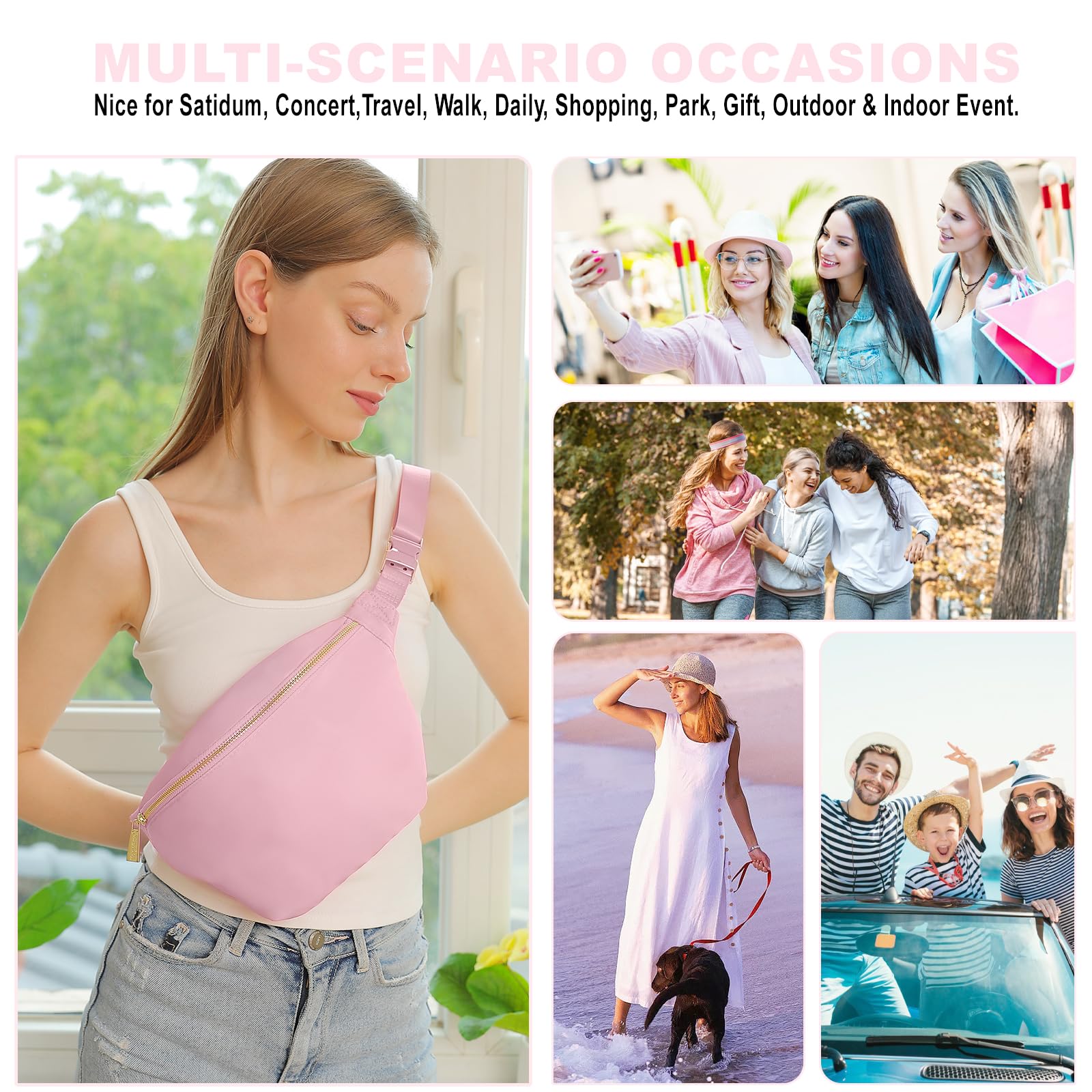 Waterproof Nylon Fanny Pack for Women - Large Plus Size Crossbody Sling Bag with Adjustable Belt, Travel & Stadium Approved (Baby Pink) - Perfect for Hiking, Concerts, Shopping and Daily Use
