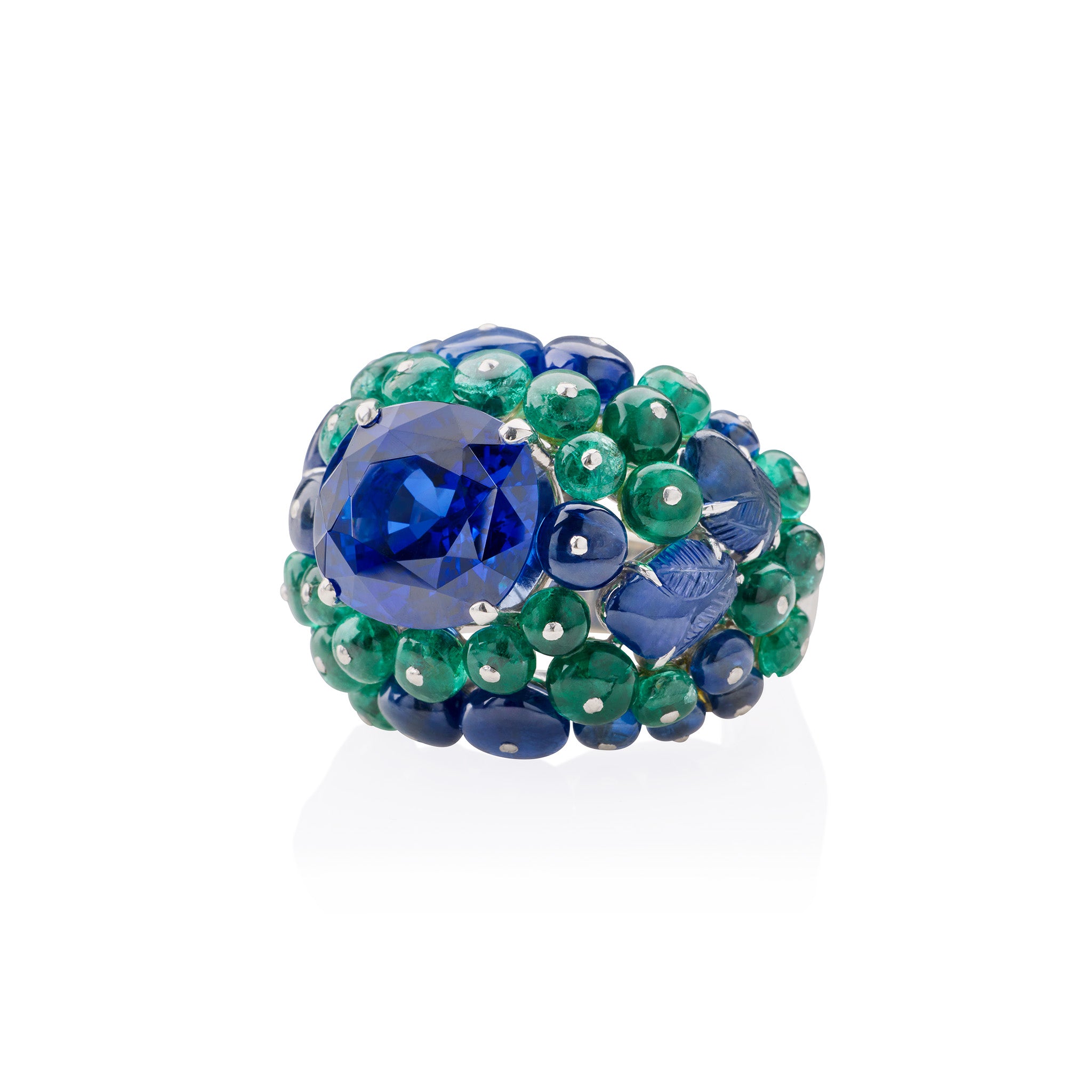 Cartier Paris Ceylon Sapphire & Emerald Boule Ring - 18K Gold Vintage Jewelry for Women, Luxury Statement Cocktail Ring for Parties, Weddings & Special Occasions