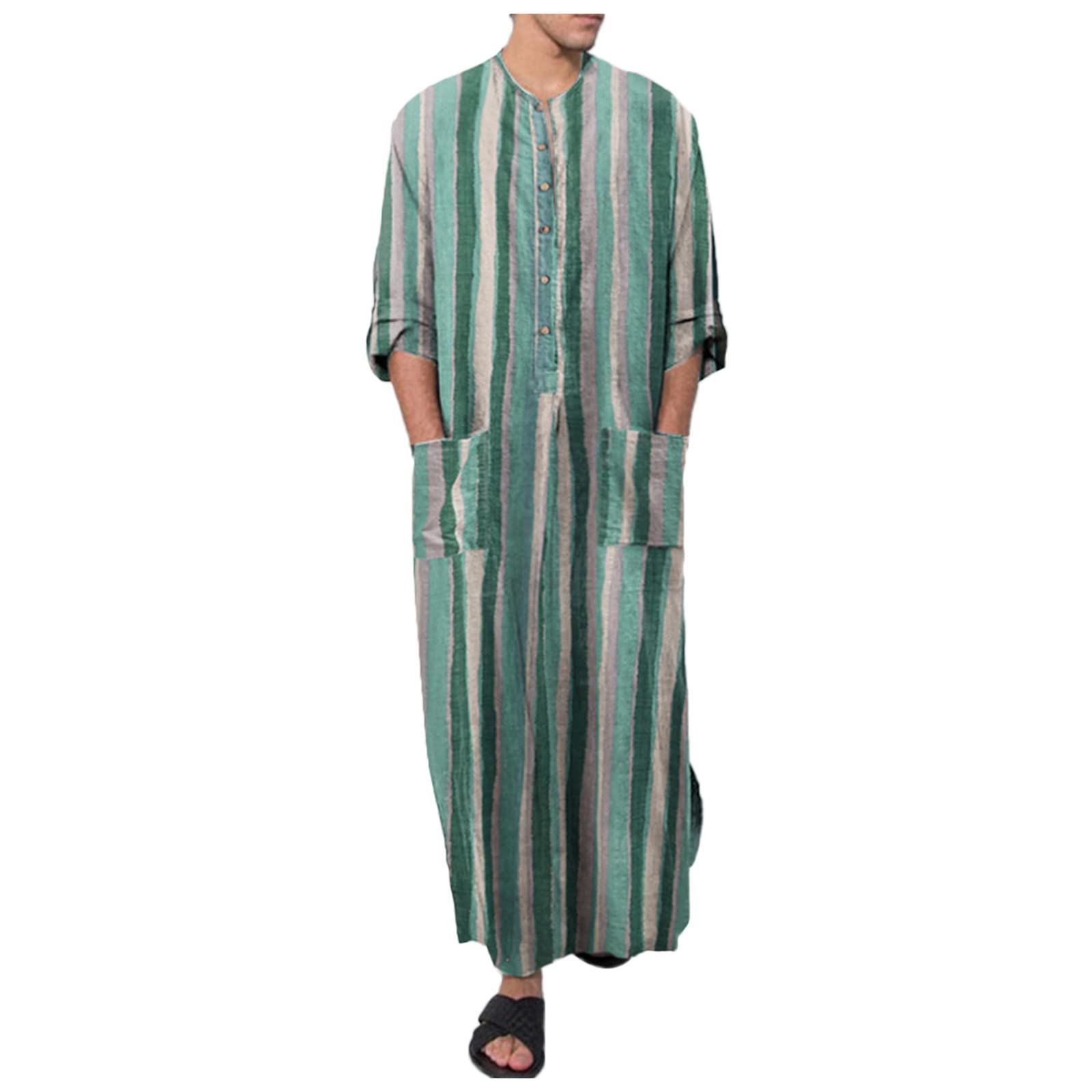 Stylish Striped Men's Long-Sleeved Muslim Robe - Traditional Ethnic Islamic Top for Prayer & Daily Wear - Perfect for Eid, Mosque & Special Occasions